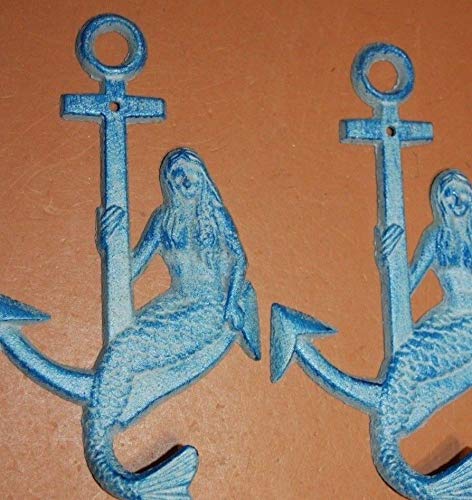 Coastal Blue Cast Iron Mermaid Coat Hooks - Pack of 4 for Nautical Bathroom & Beach House Decor | Rustic Sailor-Themed Wall Hooks for Towels, Robes & Hats