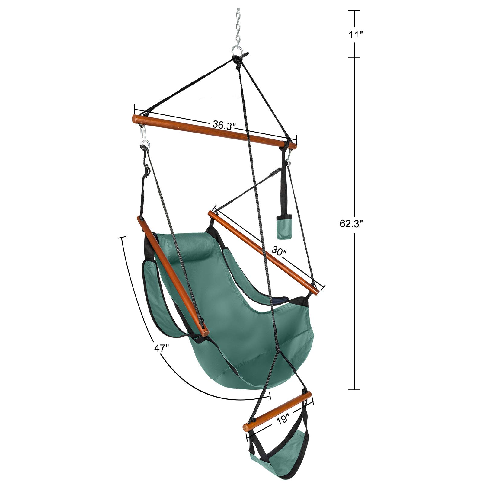 GT4-LY Oxford Fabric Hanging Chair with Cup Holder & Wooden Stick - 100kg Capacity, Perforated Design for Seaside, Courtyard, Garden & Outdoor Relaxation - Green