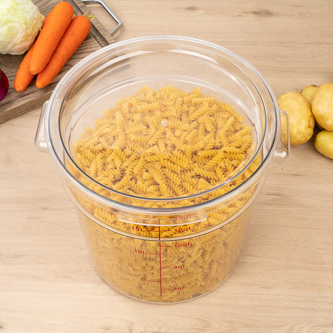 Restaurantware Met Lux 18 Quart (17 Liter) Clear Plastic Food Storage Containers - Set of 10 Round Commercial Food Prep Buckets with Volume Markers, Lids Sold Separately - Ideal for Restaurant Kitchen, Catering, Bulk Food Storage & Space-Saving Organization
