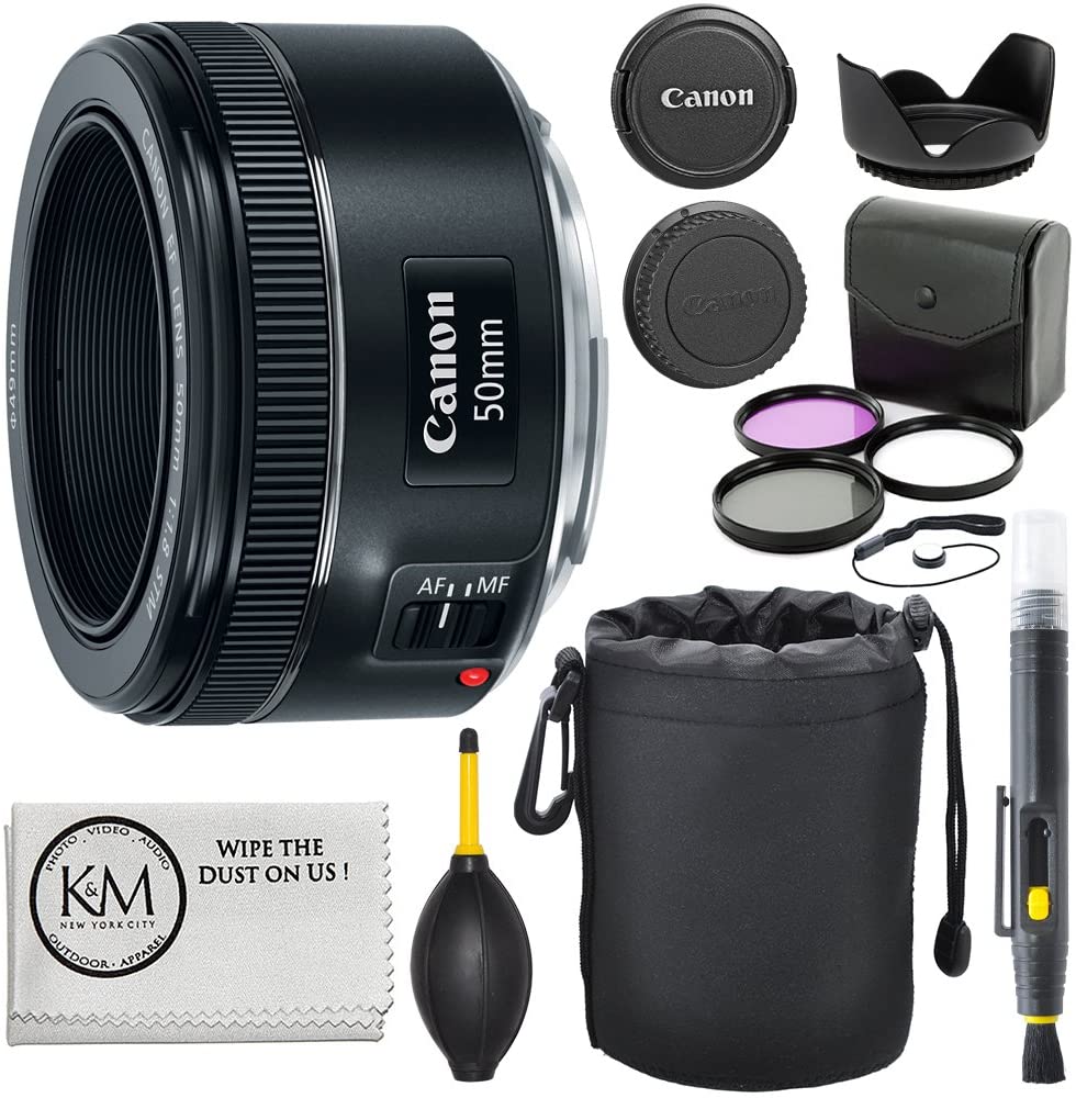 Canon EF 50mm f/1.8 STM Lens with 3pc Filter Kit, Lens Pen, Blower, Hood, Pouch & Cap Keeper - Perfect for Portrait, Street & Low Light Photography