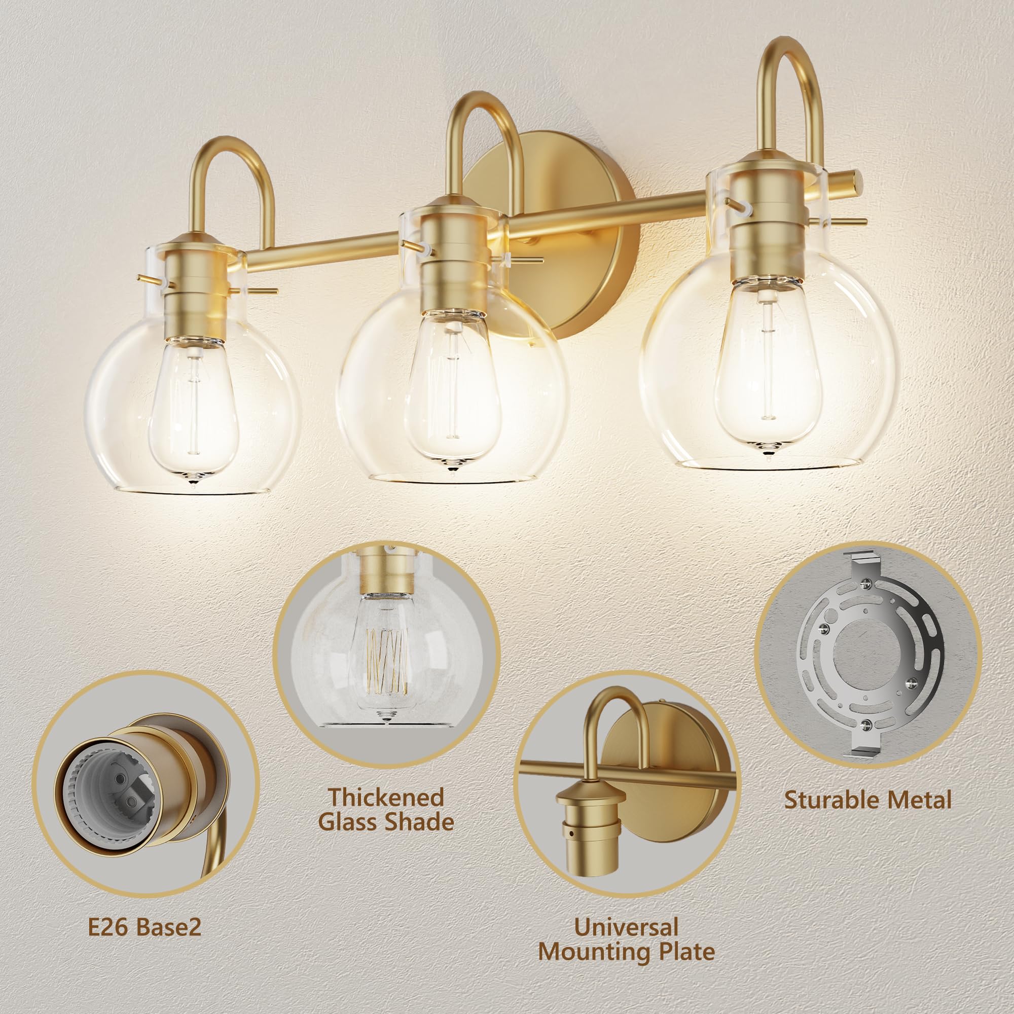 Modern Gold Vanity Light Fixture - 3 Light Bathroom Sconce with Clear Globe Glass Shade for Mirror Lighting, E26 Base - Perfect for Bathroom, Hallway & Dressing Room Makeup Vanity