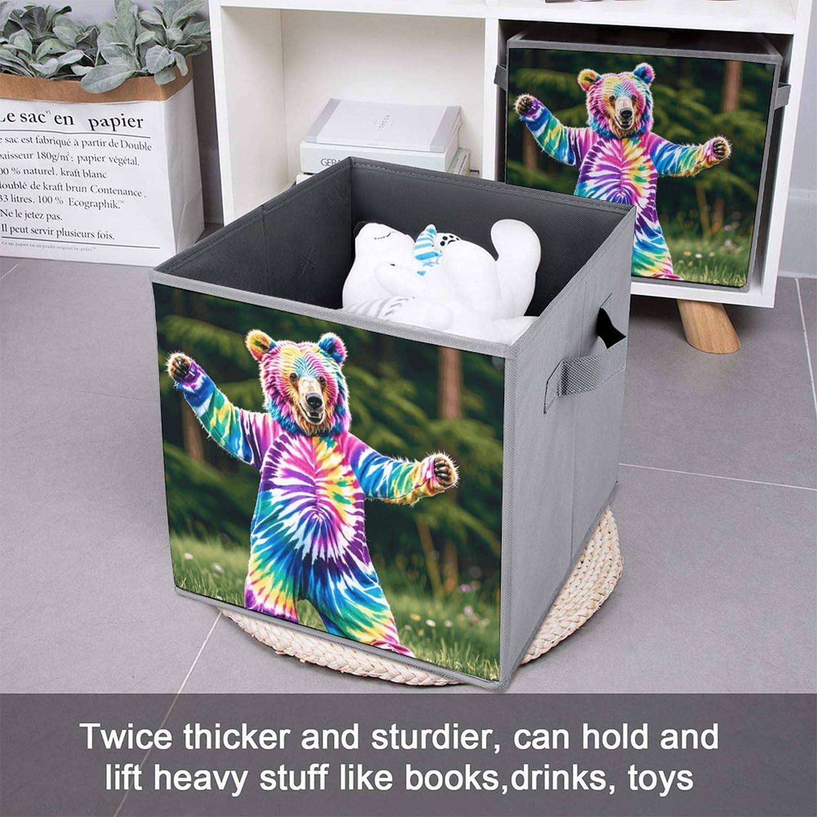 6PCS Collapsible Storage Bins with Handles - Bear Dancing Tie Dye Printed Foldable Organizing Baskets for Shelves, Closet, Kitchen & Bathroom | Space Saving Home Organization Solution for Toys, Clothes & Household Items
