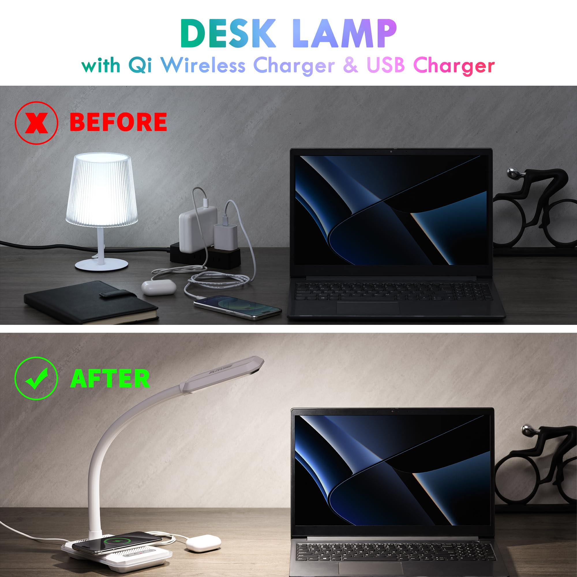 WILIT LED Desk Lamp with Wireless Charger & USB Port - RGB Color Changing Gaming Light, Touch Control, Dimmable 3 Color Temperatures - Perfect for Home Office, Gaming Setup & Nightstand Use (White)