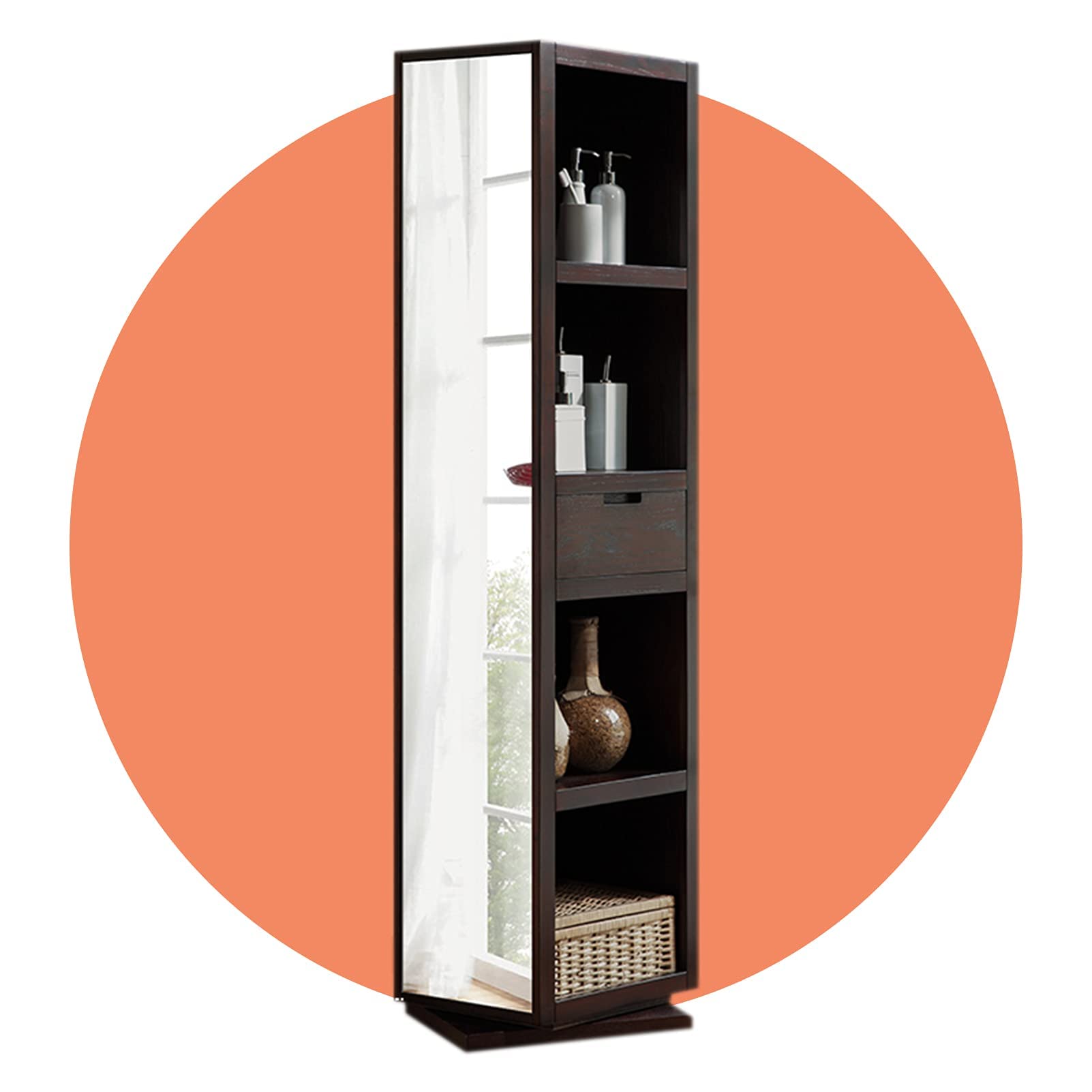 Solid Wood Rotating Dressing Mirror with Jewelry Storage - Standing Floor Mirror Cabinet with Multiple Compartments for Bedroom, Closet & Vanity Organization