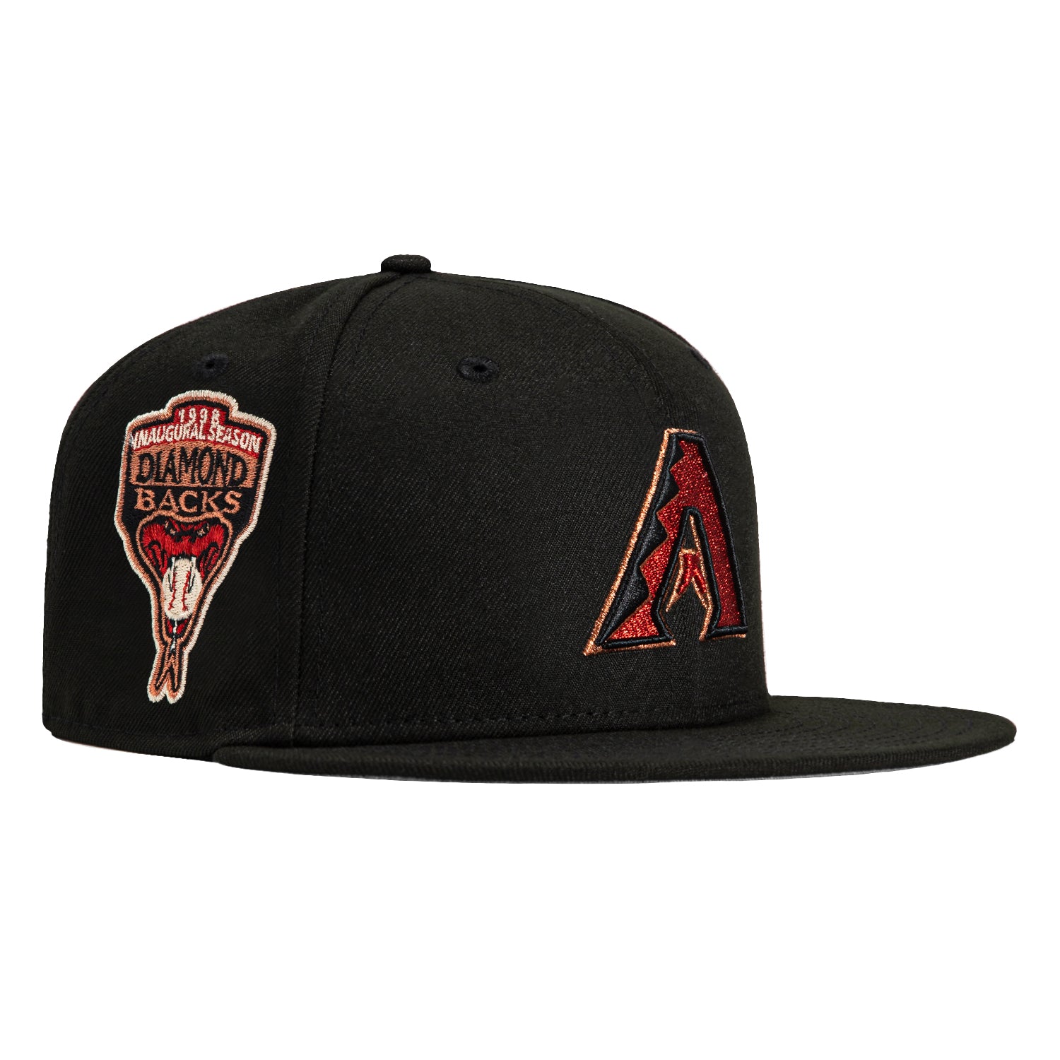 New Era 59Fifty Arizona Diamondbacks Inaugural Patch Snapback Hat - Black, Red & Metallic Copper - Official MLB Baseball Cap for Men & Women - Perfect for Games, Fan Gear & Streetwear Fashion