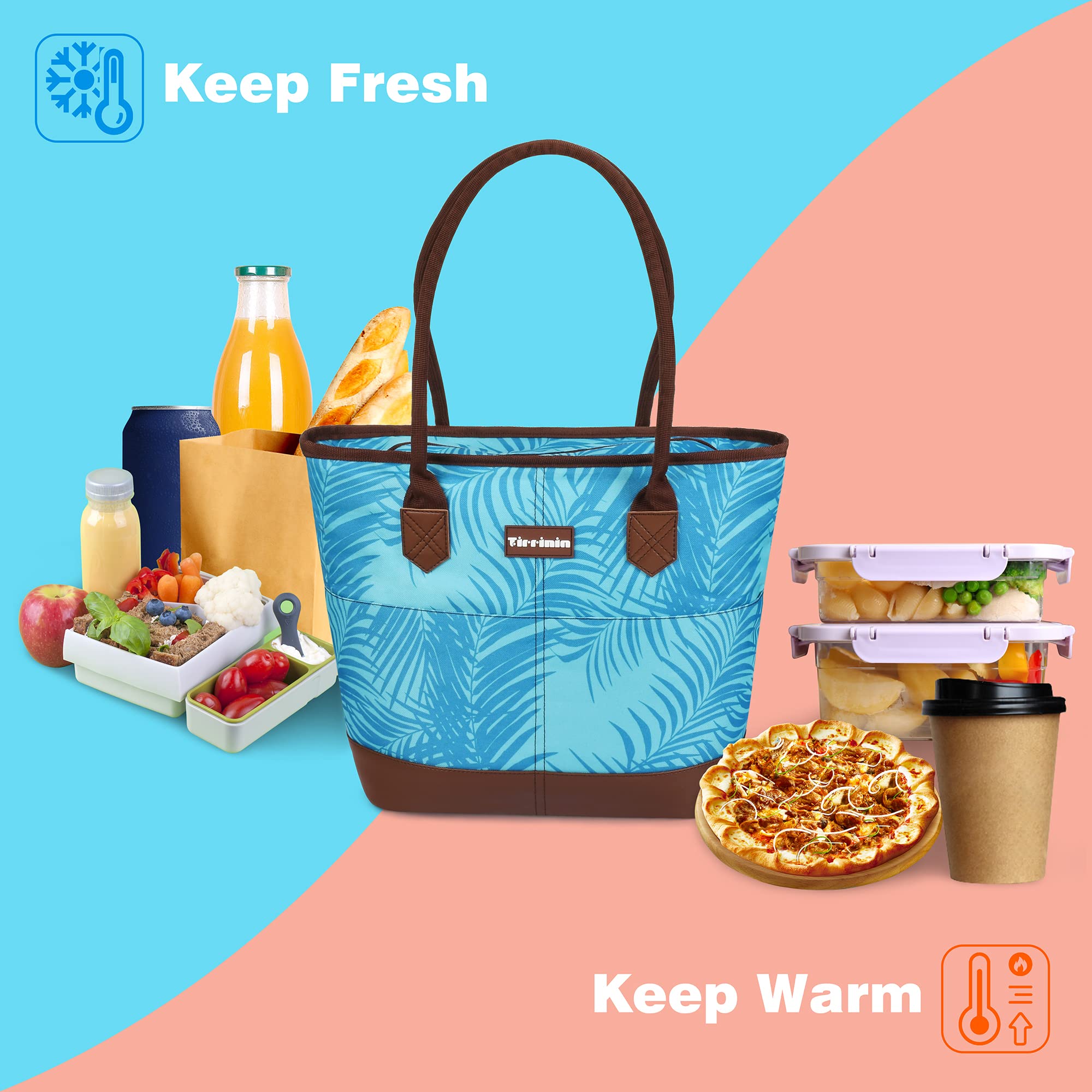 Tirrinia Large Insulated Lunch Tote Bag for Women - Waterproof Leakproof Cooler Bag with Zipper for Work, Beach, Grocery Shopping & Frozen Food Storage - Blue Leaf Design - Perfect for Office, Picnics & Travel