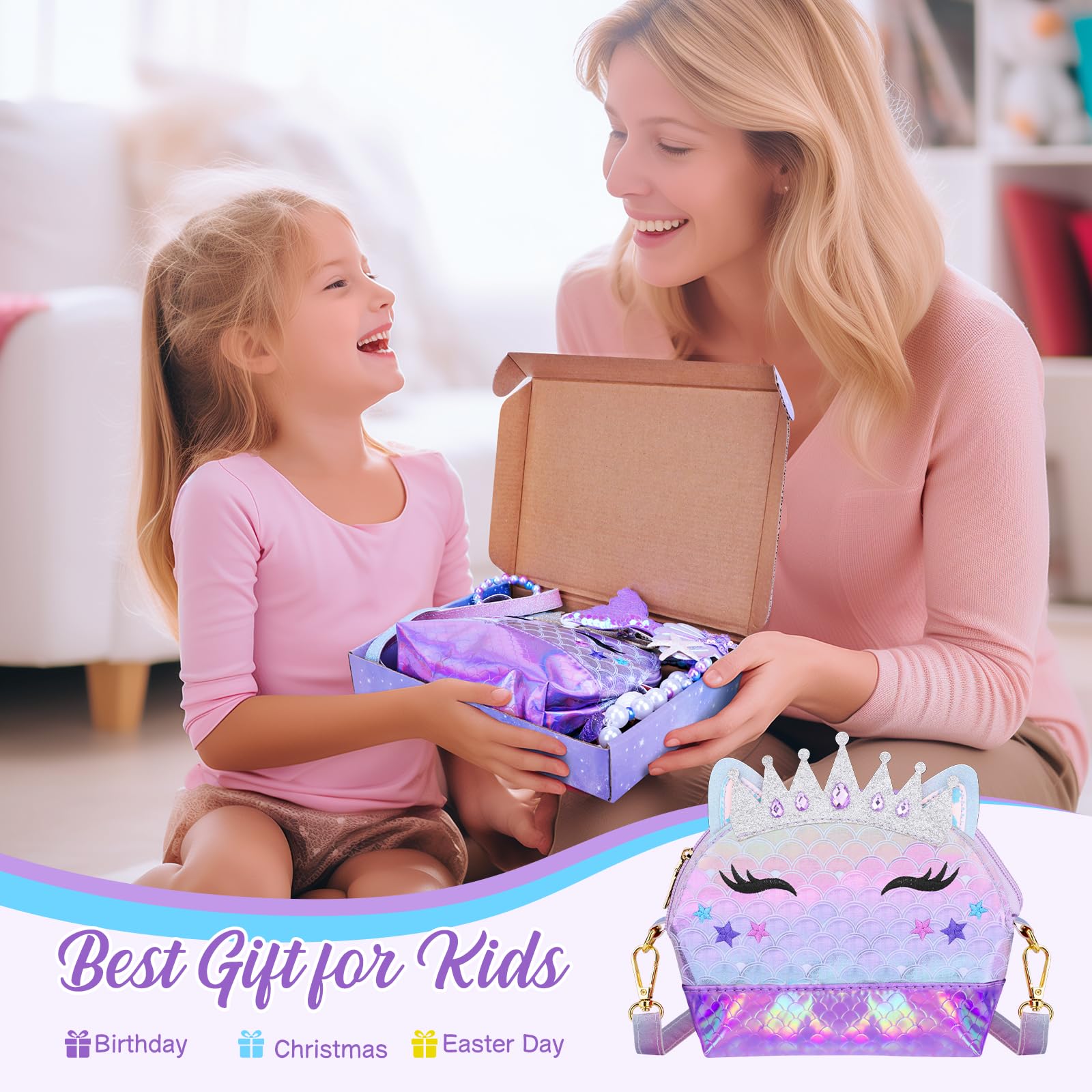 Belle&Birdie 6Pcs Little Girl Purse Set - Toddler Pretend Play Accessories with Dress Up Jewelry & Play Toys for Kids | Perfect for Birthday Gifts, Tea Parties & Dress-Up Games