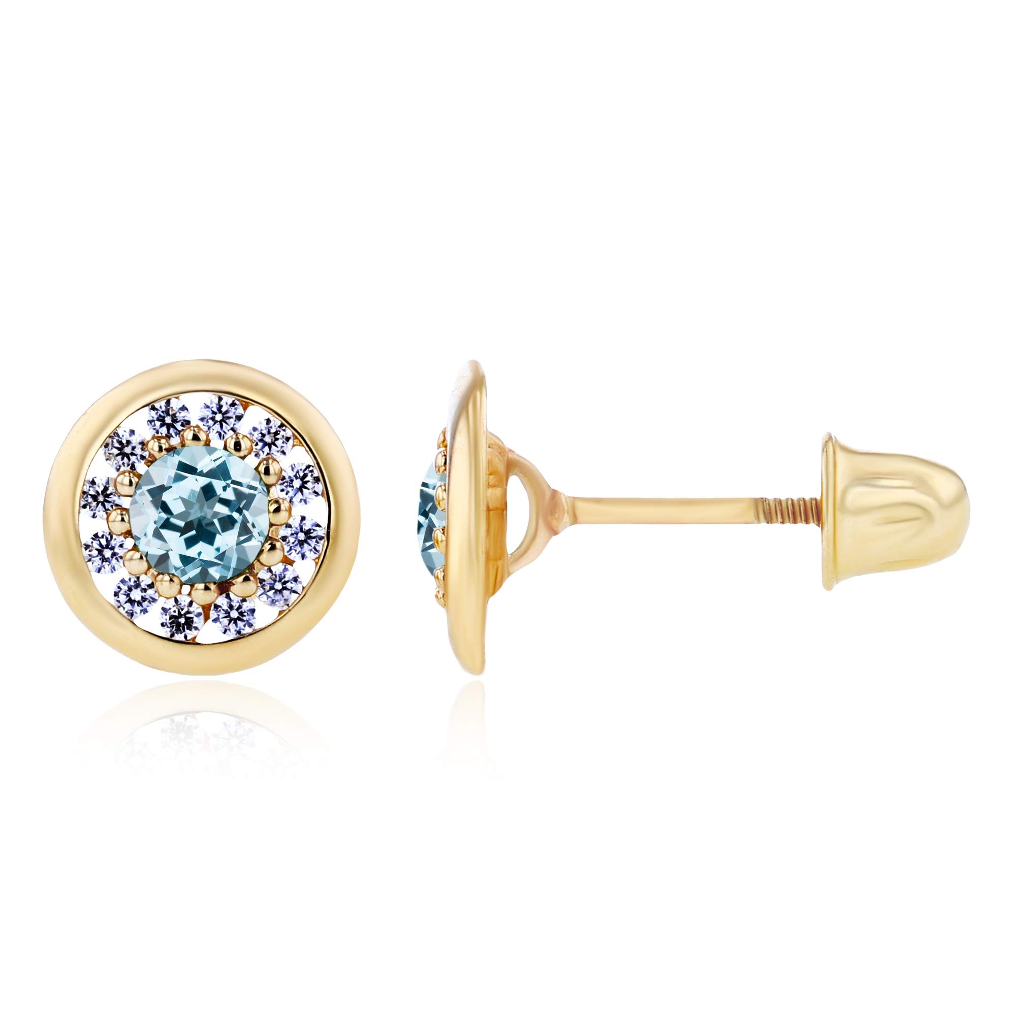 14K Gold 7mm Circle Natural Birthstone Screwback Stud Earrings for Women | 3mm Birthstone & 1mm White Sapphire Pave Earrings | Elegant Gift for Birthday, Anniversary & Everyday Wear