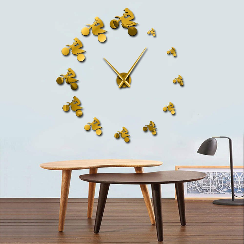DIY Giant Wall Clock for Dirt Bike Riders - Extreme Sports Themed Frameless Large Wall Decor - Mountain Bike & Motorcycle Enthusiast Gift (Gold) | Perfect for Man Cave, Garage, or Sports-Themed Room Decor