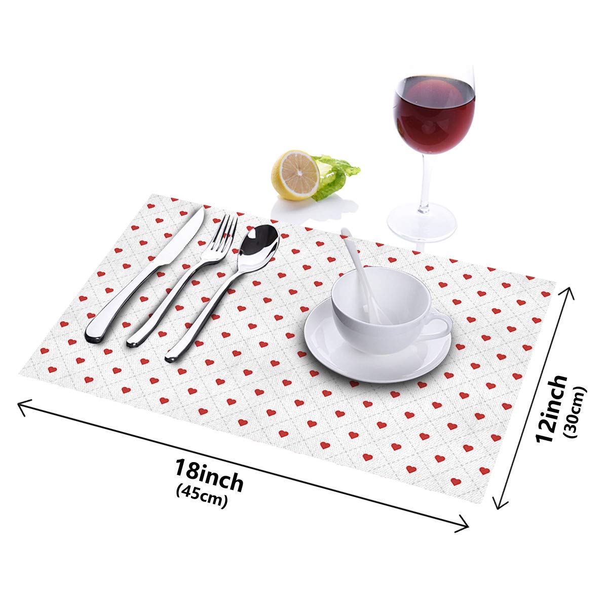 Valentine's Day Linen Placemats Set of 4 - Non-Slip Washable Kitchen Table Mats for Dining with Romantic Hearts Lattice Design | Perfect for Anniversary Dinners, Date Nights & Holiday Decor