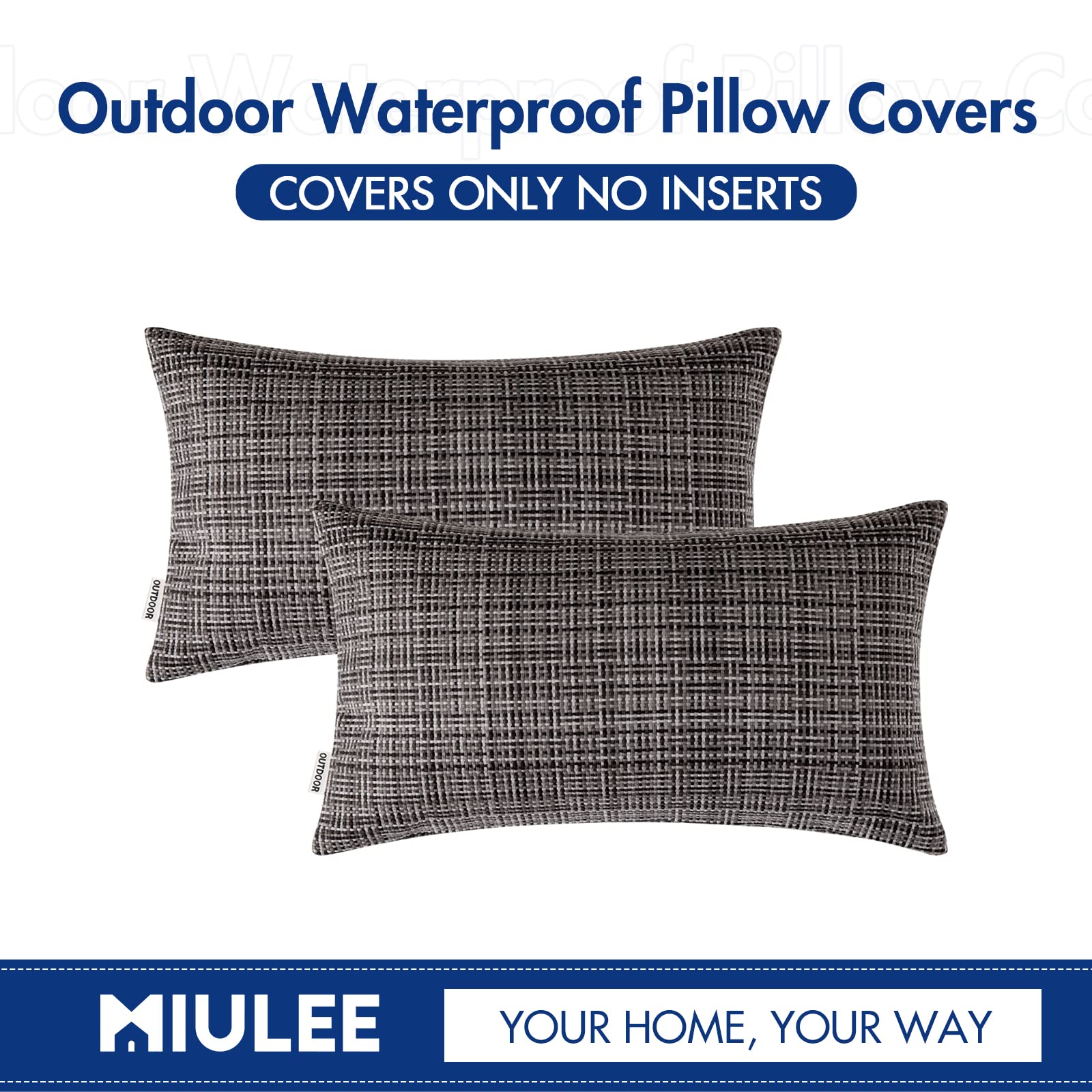 MIULEE Waterproof Outdoor Throw Pillow Covers 12x20 Inch - Farmhouse Decorative Cushion Covers for Patio, Garden, Tent, Sofa & Couch - Set of 2 Gray - Perfect for Outdoor Furniture, Camping & Home Decor