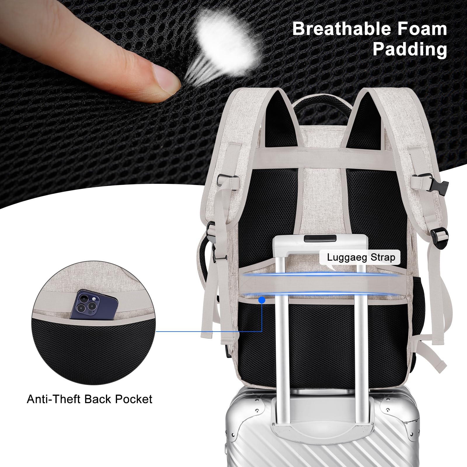 Extra Large Travel Backpack for Men & Women - 17.3 Inch Flight Approved Carry On Backpack with USB Charger Port, Sturdy Zipper & Luggage Sleeve - Perfect for Business Trips, Air Travel & Daily Commute (Beige)