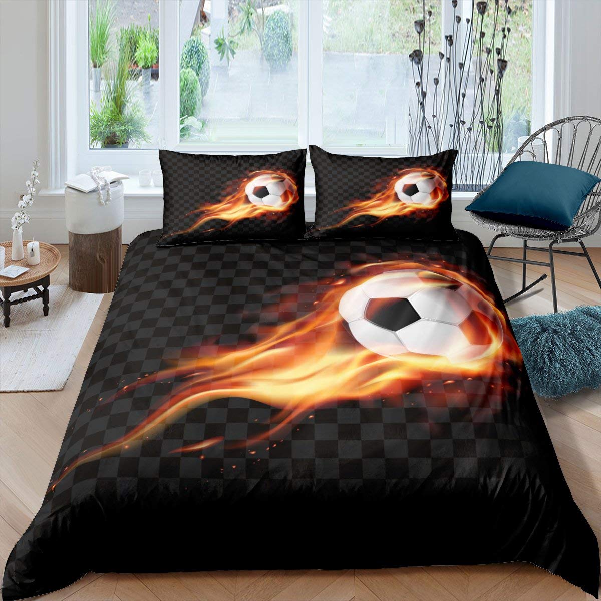 Erosebridal Soccer Bedding Set - Fire Football Duvet Cover with Grid Design, Twin Size Gold & Black - Perfect for Kids, Teens & Young Men - Ideal for Summer, Team Sports Games & Boys' Bedroom Decor - Includes 1 Pillow Case