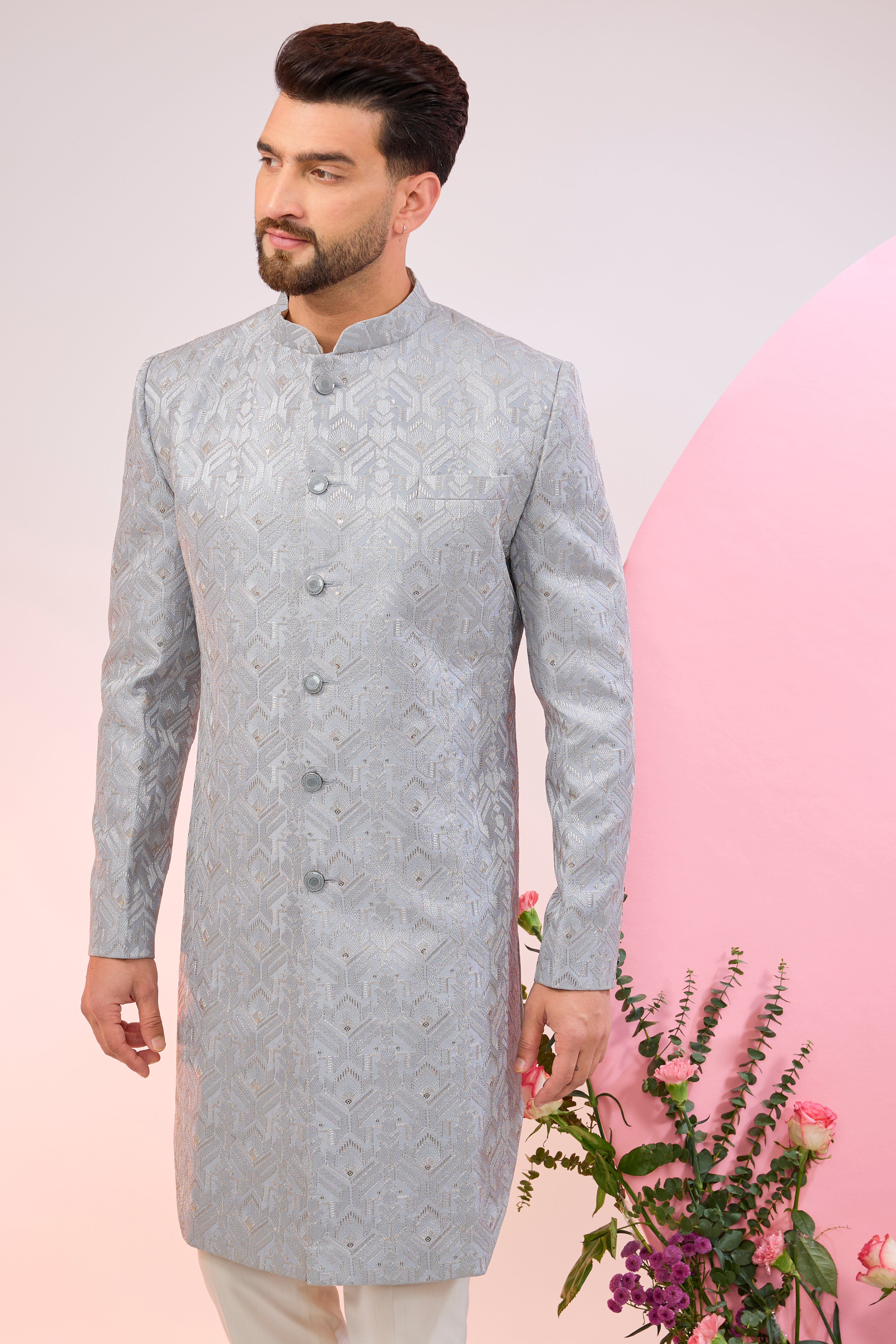 Powder Blue Royal Cut Indo-Western Dress - Elegant Fusion Outfit for Parties, Weddings & Festive Occasions