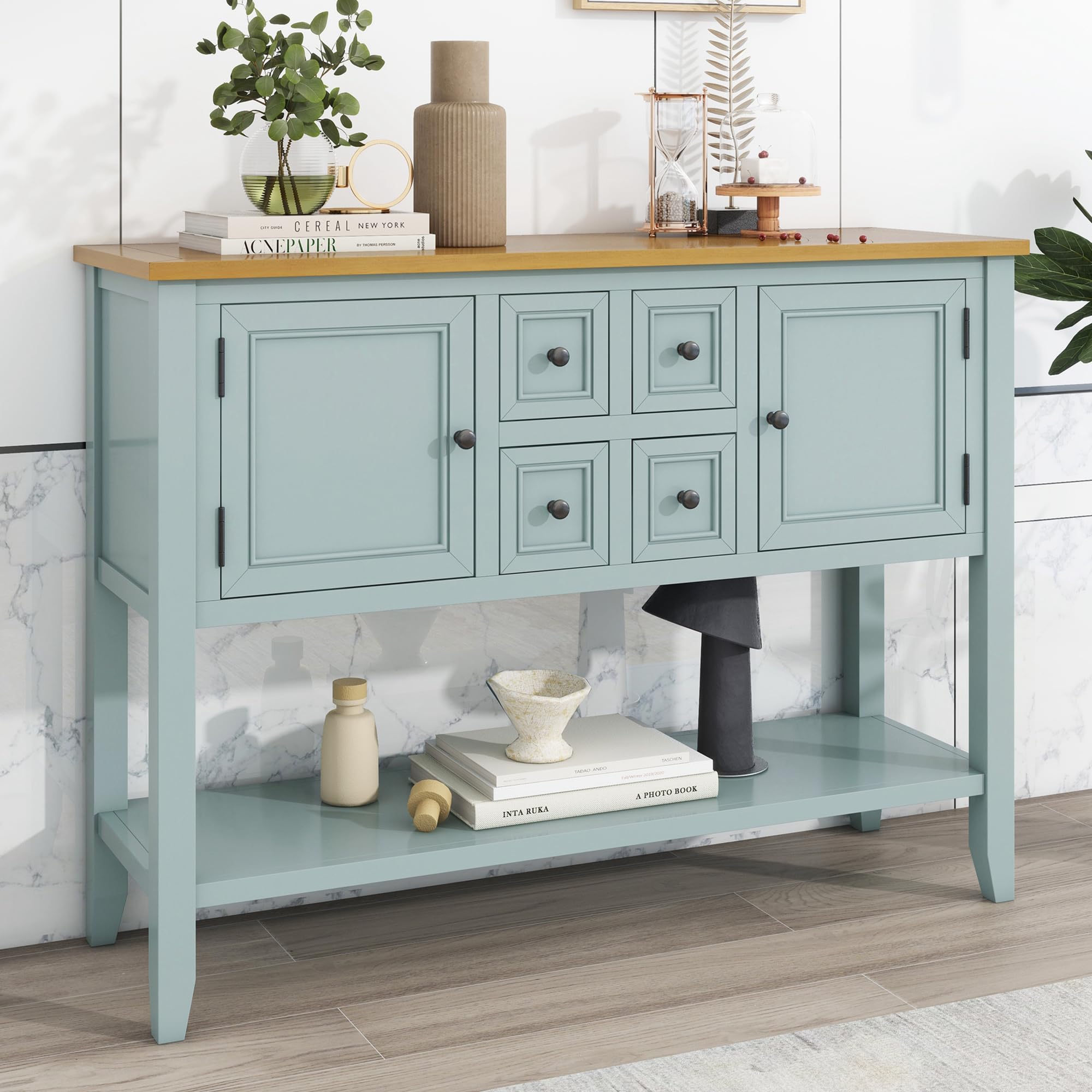 P PURLOVE Modern Console Table with Storage Drawers & Cabinets - Buffet Sideboard Sofa Table with Bottom Shelf - Lime White Finish for Living Room, Entryway & Hallway Decor