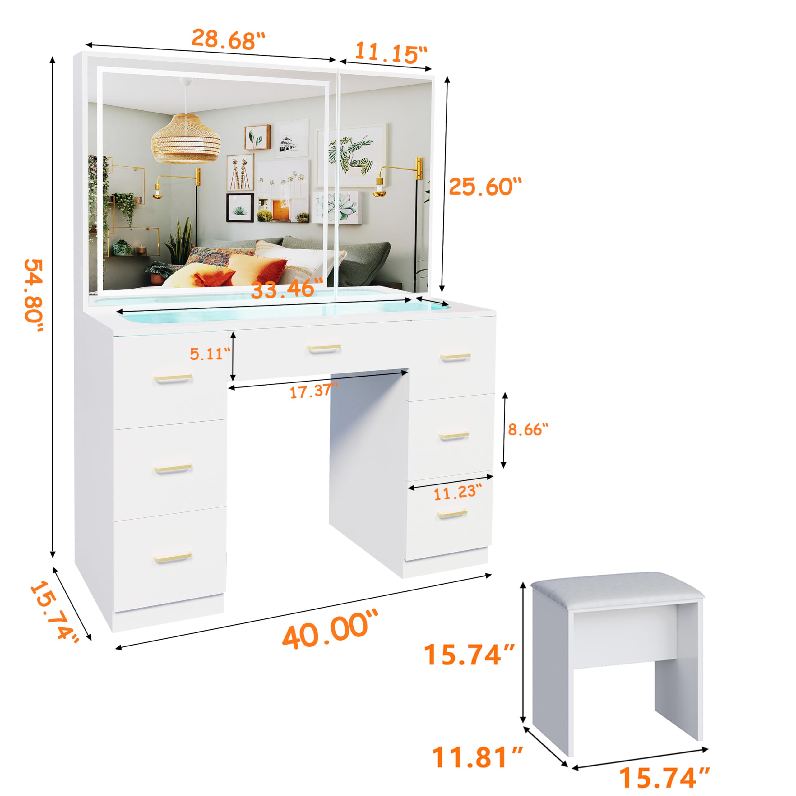 Modern White Glass Top Vanity Desk with 7 Drawers, Adjustable LED Mirror & Stool - Clear Dressing Table for Bedroom Makeup & Skincare Routine