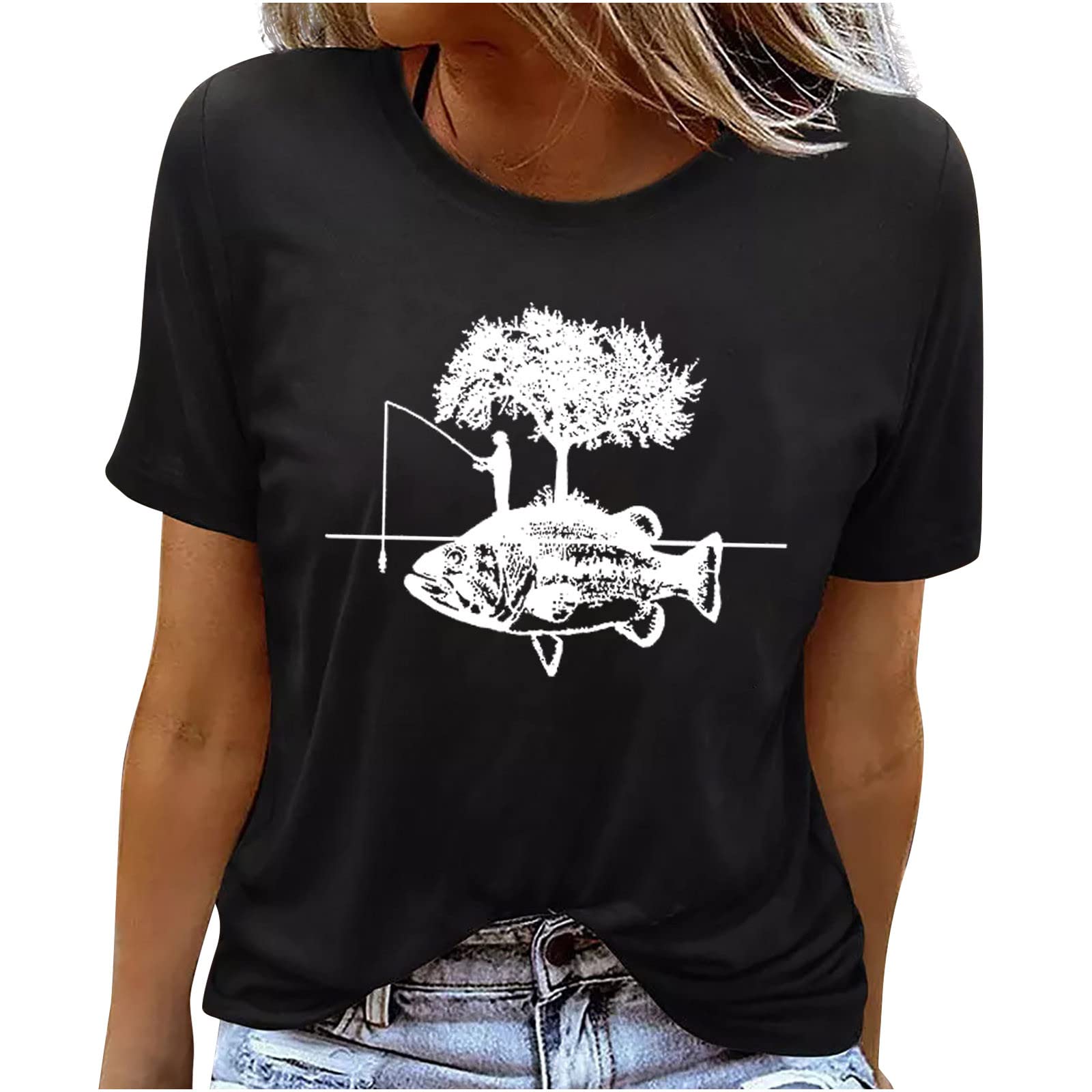 Women's Summer Graphic Tee - Black Casual Short Sleeve Crew Neck T-Shirt | Loose Fit Comfortable Trendy Top for Everyday Wear, Outings & Vacation | 2022 Fashion
