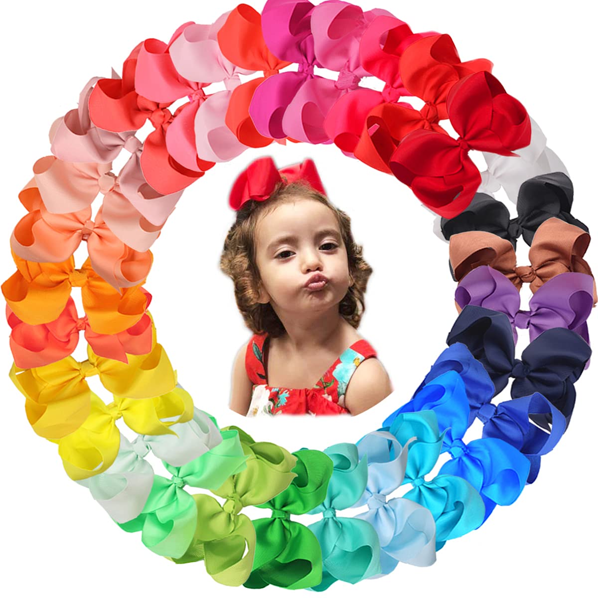 JOYOYO 30 Pcs Large Hair Bows for Girls - 6 Inch Grosgrain Ribbon Hair Clips for Parties & School