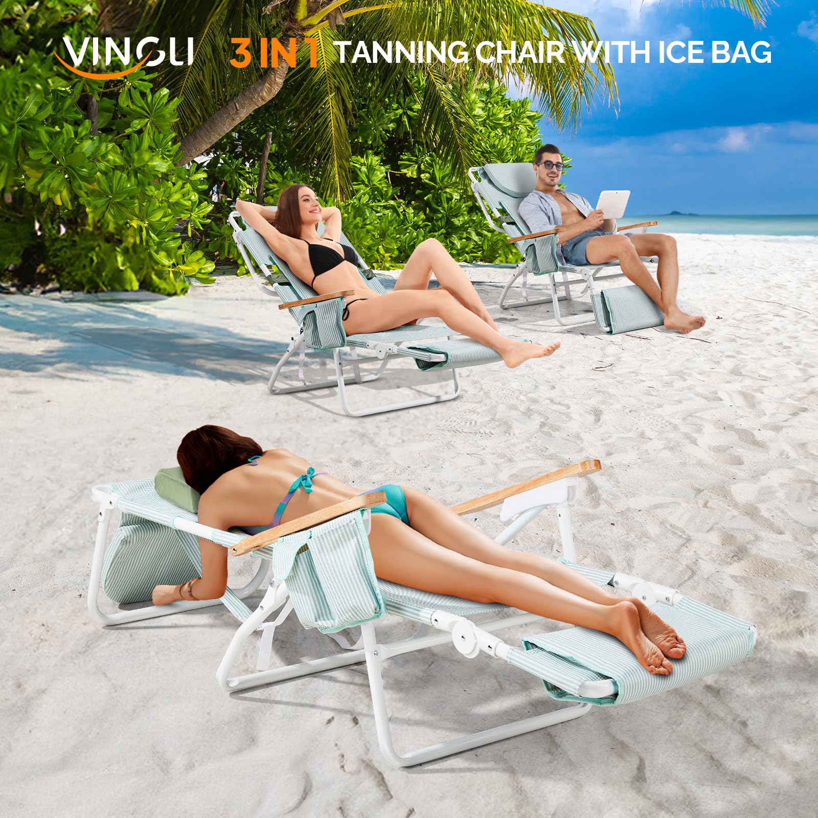 VINGLI Deluxe 3-in-1 Beach Chair with Face Hole - Portable Reclining Lounge Chair with Footrest, Cup Holder & Storage Bag - Perfect for Beach, Poolside, Camping & Backyard Relaxation
