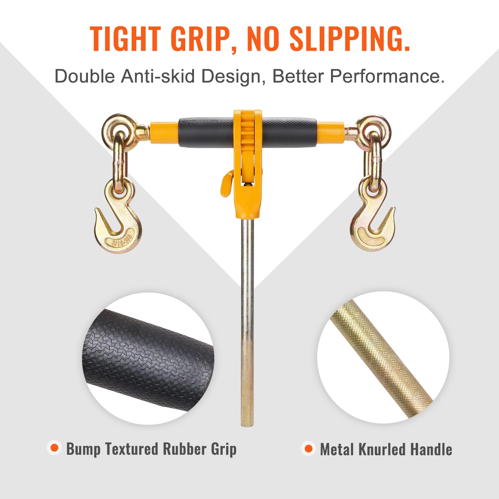 VEVOR Heavy Duty Ratchet Chain Binder 5/16-3/8 Inch with G80 Chain - 7100 lbs Load Capacity, Detachable Anti-Skid Handle - 2 Pack Black & Yellow - for Flatbed Trailers, Cargo Securing, Trucking & Transport - Great for Construction, Landscaping, Towing Equipment & DIY Projects