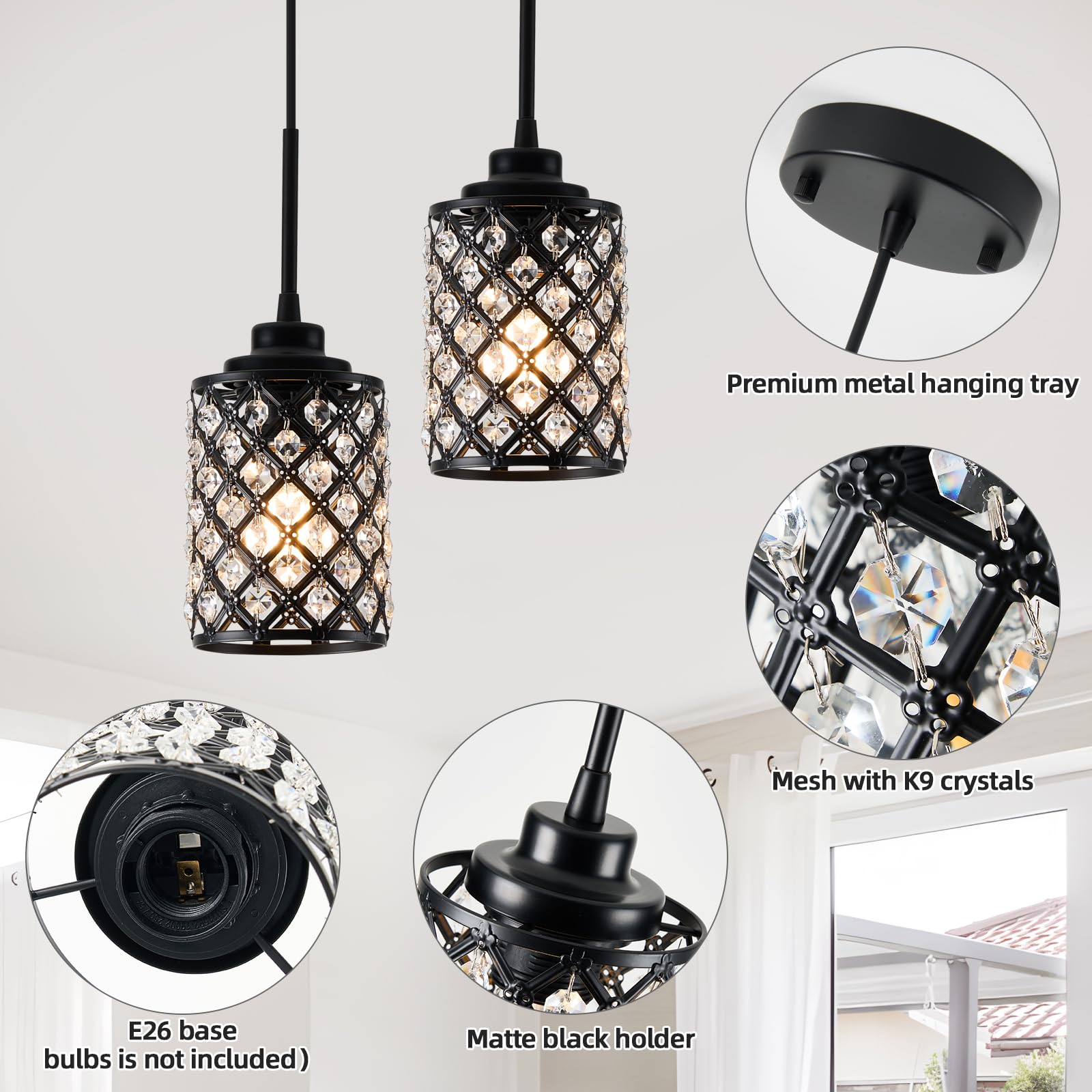 3-Pack Modern Black Matte Pendant Lights - Industrial Hanging Fixtures with K9 Crystal for Kitchen Island, Dining Room, Bedroom & Hallway | Dimmable Mini Chandelier Lighting for Home & Office Decor