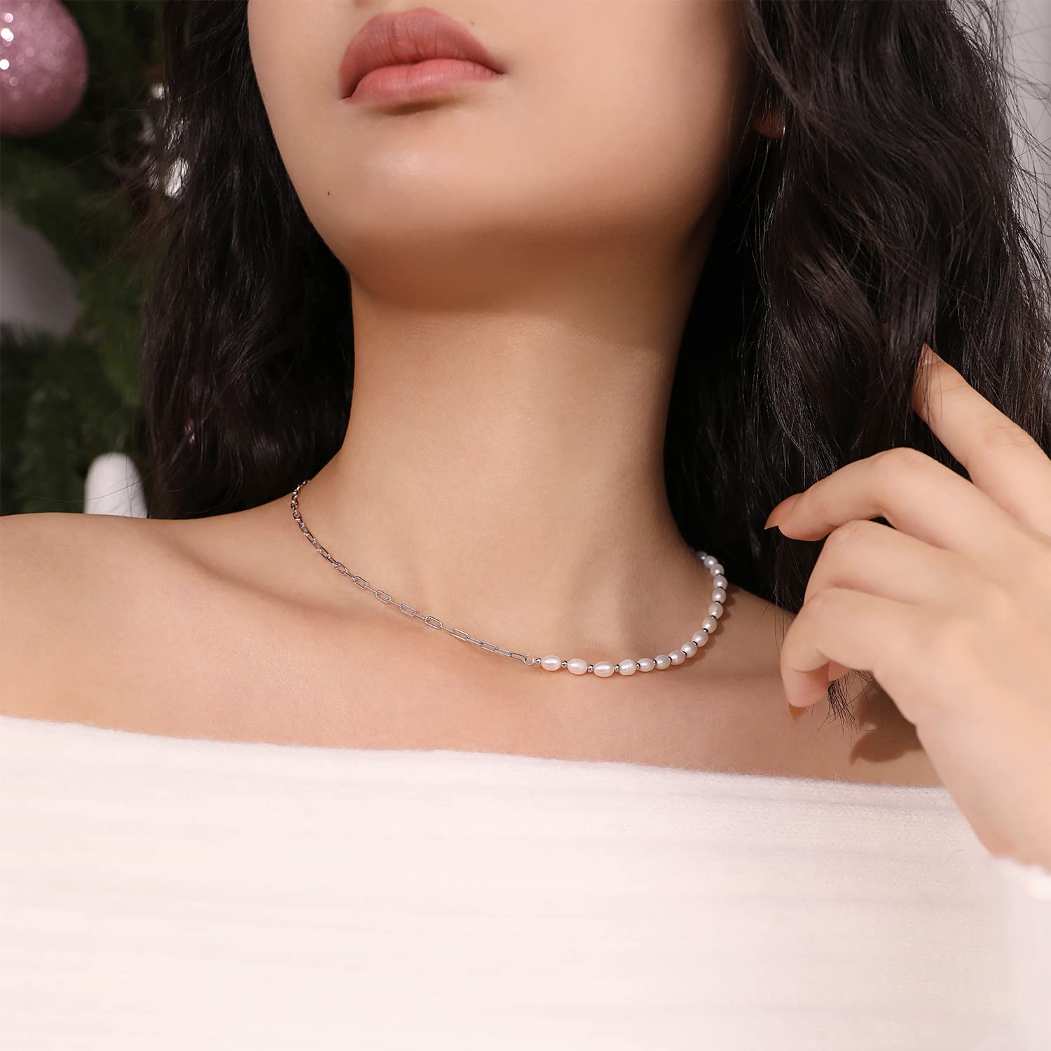 925 Sterling Silver Paperclip Chain Necklace for Women - Dainty Rose Gold Layering Necklace with Freshwater Pearl, Minimalist Jewelry Gift for Her | Perfect for Stacking, Everyday Wear & Special Occasions