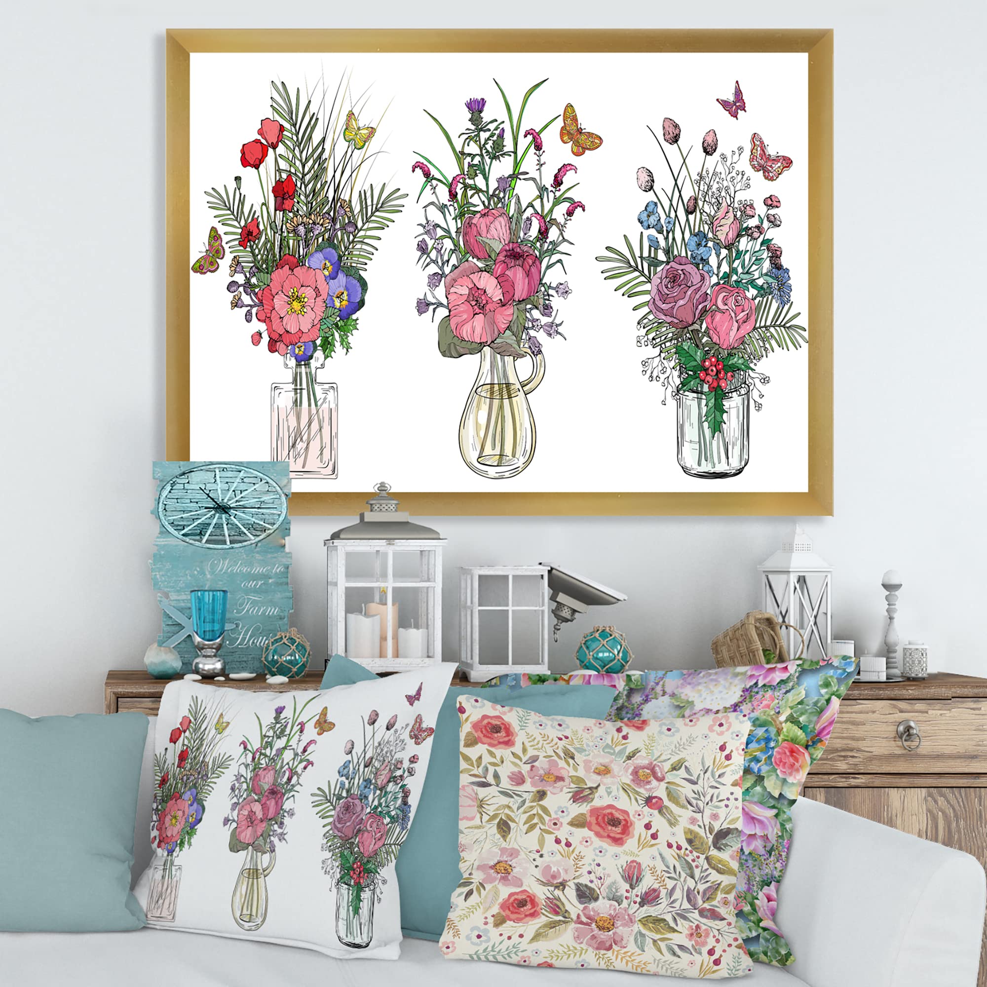 Farmhouse Wildflower Bouquets in Transparent Vases - Rustic Framed Wall Art Decor for Living Room, Bedroom & Kitchen