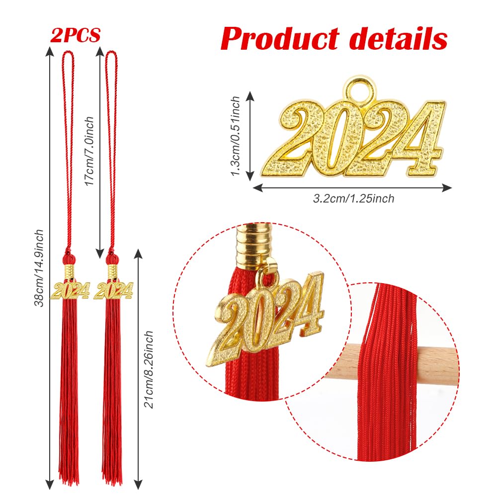 2024 Graduation Tassel Set - 2 Pack Red Commencement Tassel Charms for Cap Decorations | Perfect for High School & College Graduation Ceremonies, Photo Props and Keepsake Gifts