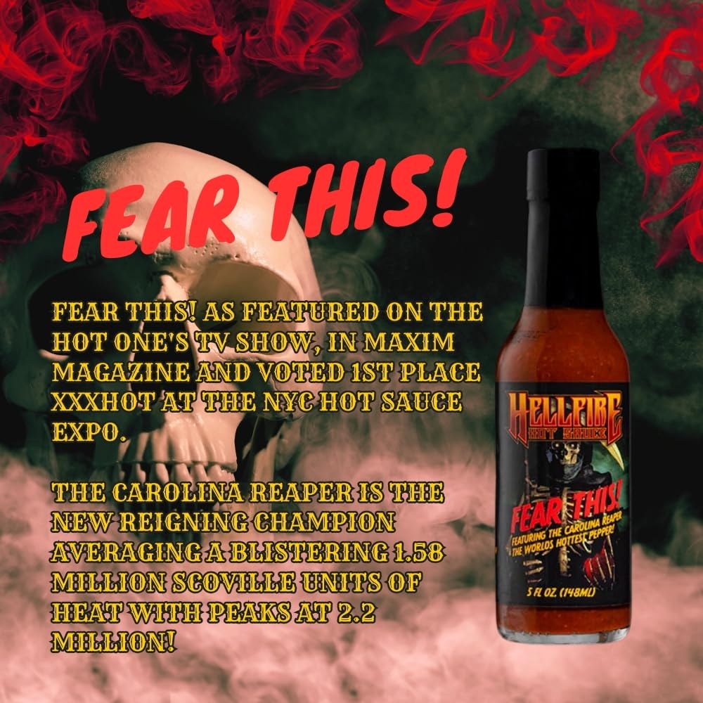 Hellfire Fear This! Award Winning Carolina Reaper Hot Sauce - 5oz Bottle (148ml) - World's Hottest Pepper Sauce for Wings, Tacos, Burgers & Spicy Food Lovers