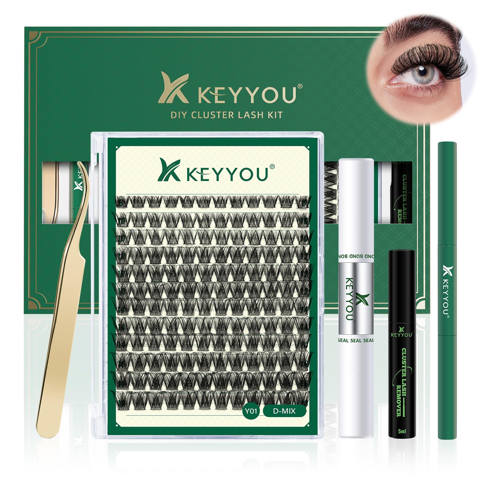 KEYYOU DIY Lash Extension Kit - 144pcs Lash Clusters with Mascara Brush, Bond & Seal, Glue Remover, Applicators & Clean Pad - Professional Eyelash Extension Set for Home Salon Use (Y01 Kit) | Perfect for Bridal, Party & Everyday Glam Looks