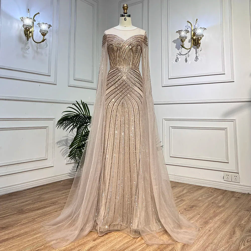 Serene Hill Luxury Nude Arabic Mermaid Evening Gown with Cape Sleeves & Beaded O-Neck - Elegant Wedding Party Dress for Women 2025 (LA72012) | Perfect for Bridal Showers, Red Carpet Events & Formal Occasions