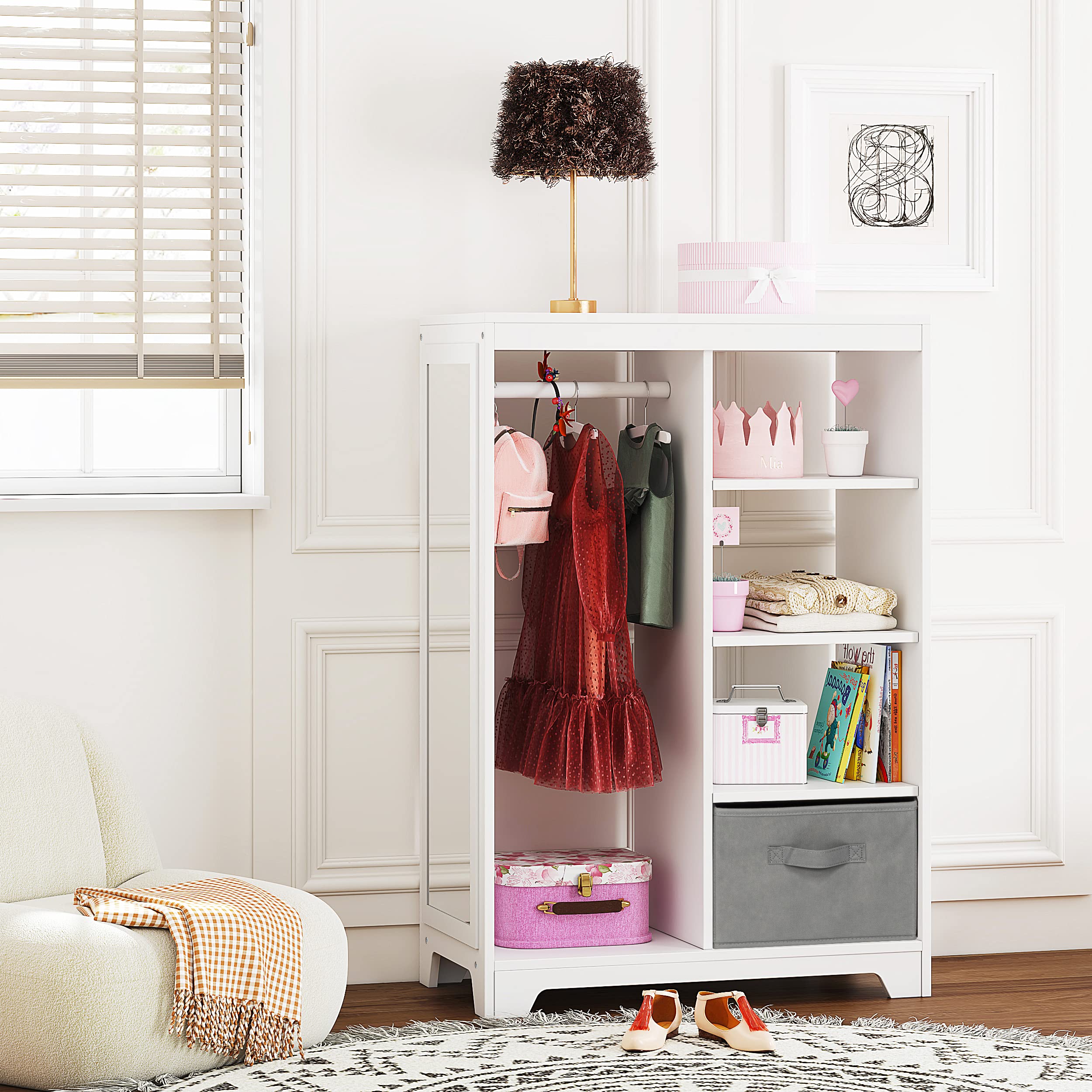 UTEX Kids Dress Up Storage with Full Length Mirror - Kids Armoire with 2 Storage Bins & Hanging Costume Closet - Pretend Play Wardrobe Dresser for Girls & Boys Bedroom - Perfect for Toy Organization & Dress-Up Playtime