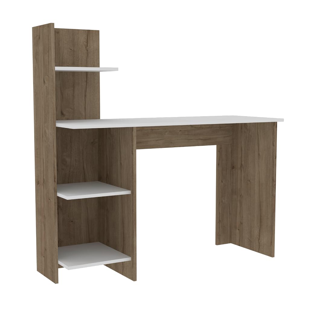 FM Furniture Tecoa Writing Desk with 3 Shelves - Brown Engineered Wood Home Office Desk for Study, Work & Small Spaces