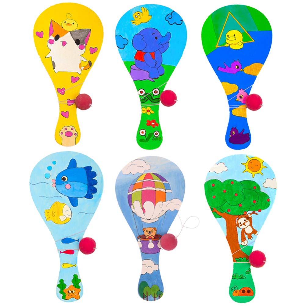 PRETYZOOM 6-Piece DIY Wooden Painting Racket Toys Set - Graffiti Art, Manual Pat Ball Game for Kids, Toddlers & Children - Creative Educational Gift for Art Projects & Indoor/Outdoor Play