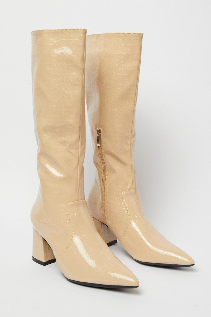 Women's Beige Knee High Boots - Patent Faux Crocodile Leather Fashion Booties for Fall & Winter | Perfect for Office, Party & Date Night Outfits