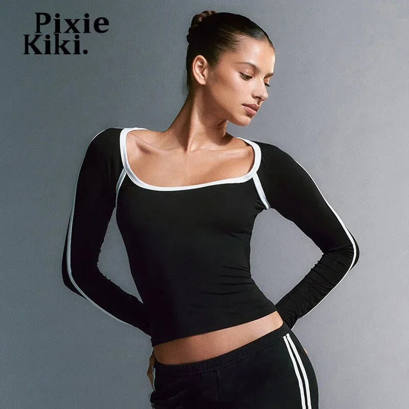 Autumn 2023 Women's Basic Square Neck Long Sleeve Fitted T-Shirt - Black Y2K 2000s Vintage Style Top (P85 BE15) | Casual Wear, Layering, Office Outfits & Street Fashion