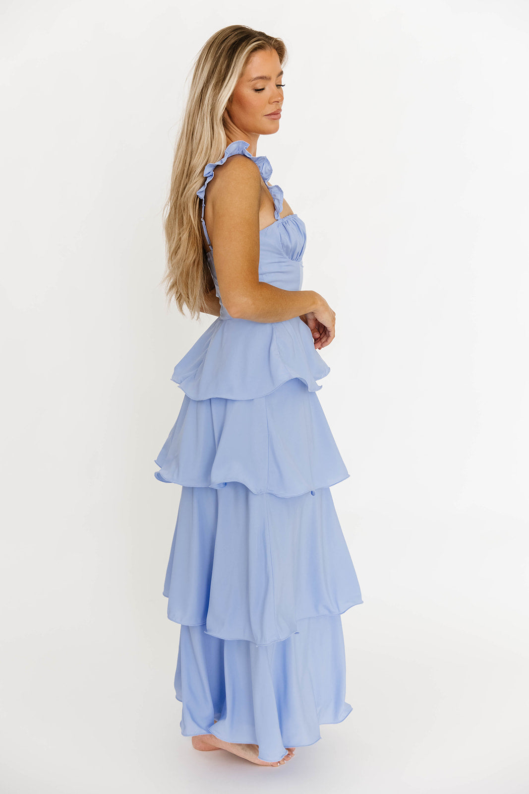 Lily Ruffle Strap Tiered Maxi Dress in Baby Blue | Flowy Summer Beach Dress for Women | Perfect for Vacations, Weddings & Date Nights