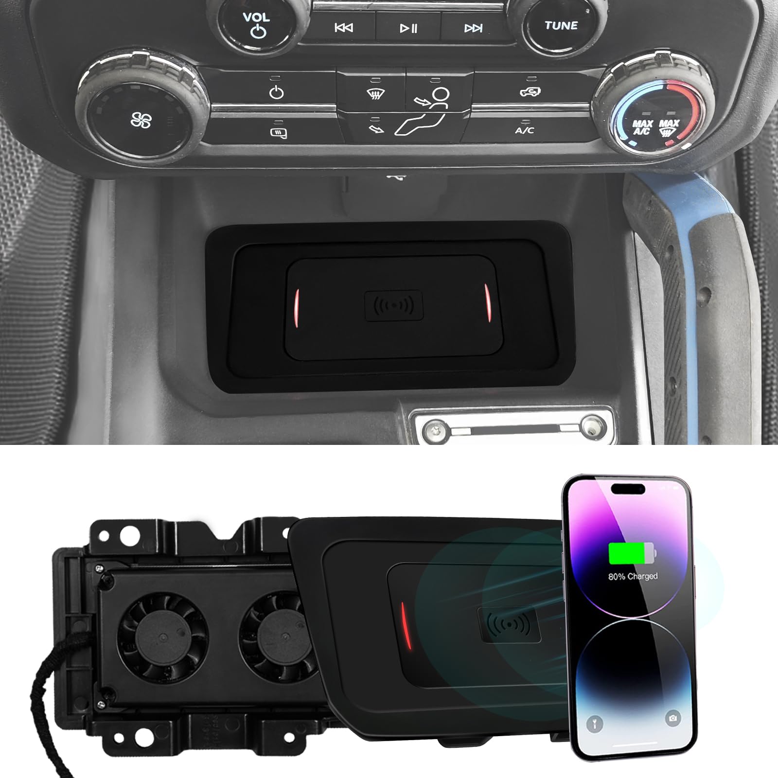Mabett 15W Wireless Charging Pad with Cooling Fan for Ford Bronco 2021-2024 | Fast Qi Charger for 2/4 Door Models | Perfect for Road Trips & Daily Commutes