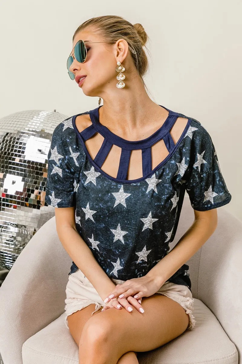 Vintage Star Print Top with Contrast Caged Neck - Stylish Boho Blouse for Women, Perfect for Casual Outings, Music Festivals & Retro Fashion Looks