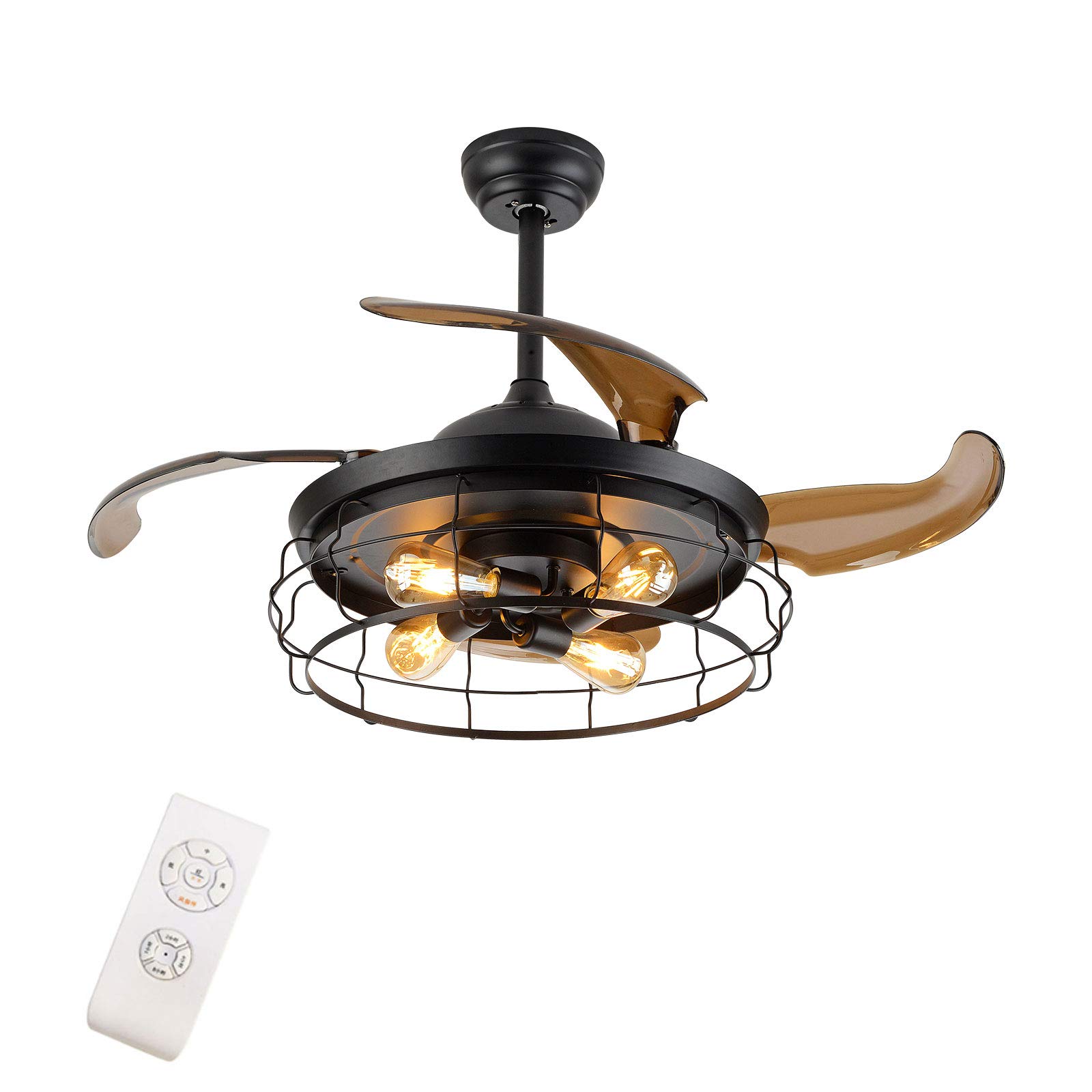42 Inch Black Metal Cage Ceiling Fan with Light - Modern Industrial Remote Control Retractable Chandelier for Living Room, Dining Room & Bedroom | Home Decor Cooling & Lighting Solution