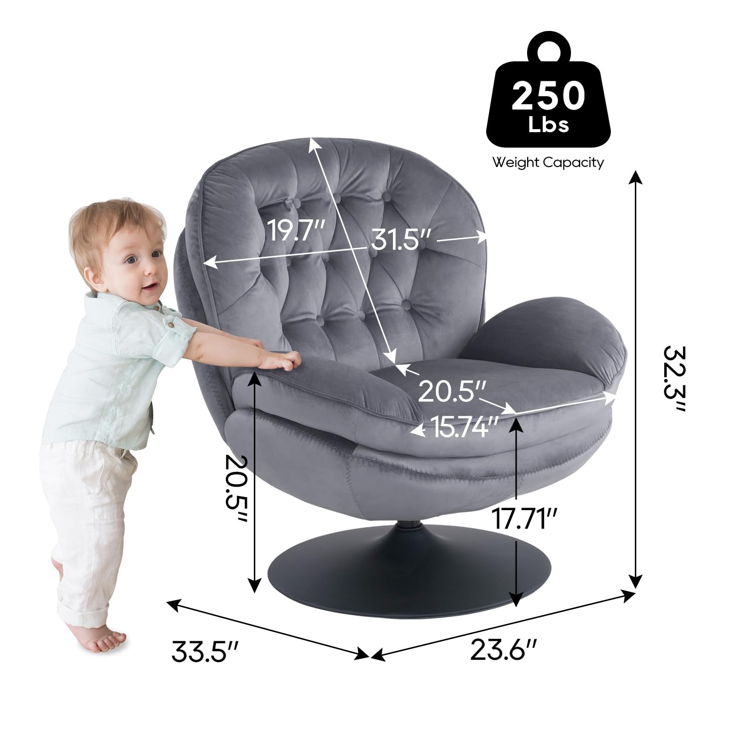 Velvet Swivel Accent Chair with Ottoman Set - Modern Tufted Armchair & Footrest for Living Room, Bedroom - 360 Degree Swivel Lounge Chair for Adults - Grey - Perfect for Reading, Watching TV or Relaxing