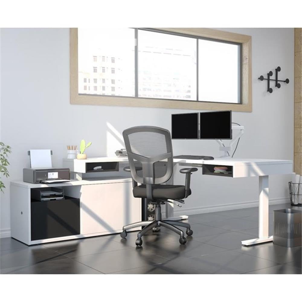 Ergonomic L-Shaped Adjustable Standing Desk with Credenza & Monitor Arms - Home Office Workstation for Remote Work & Gaming Setup