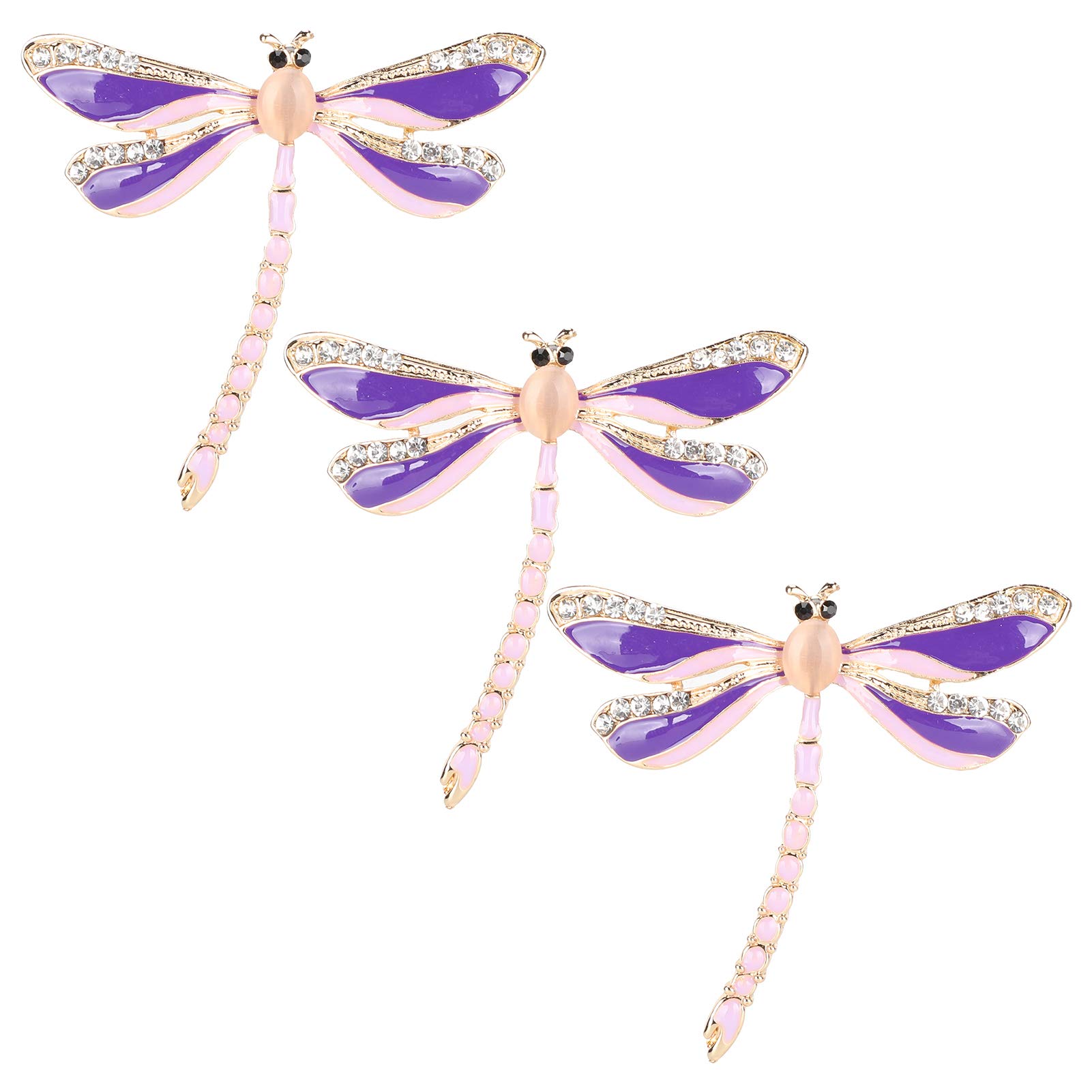 Pssopp 3Pcs Purple Dragonfly Brooch Pin Set - Crystal Rhinestone Vintage Alloy Fashion Pins for Women - Handmade Retro Accessories for Jackets, Scarves, Hats & Special Occasions