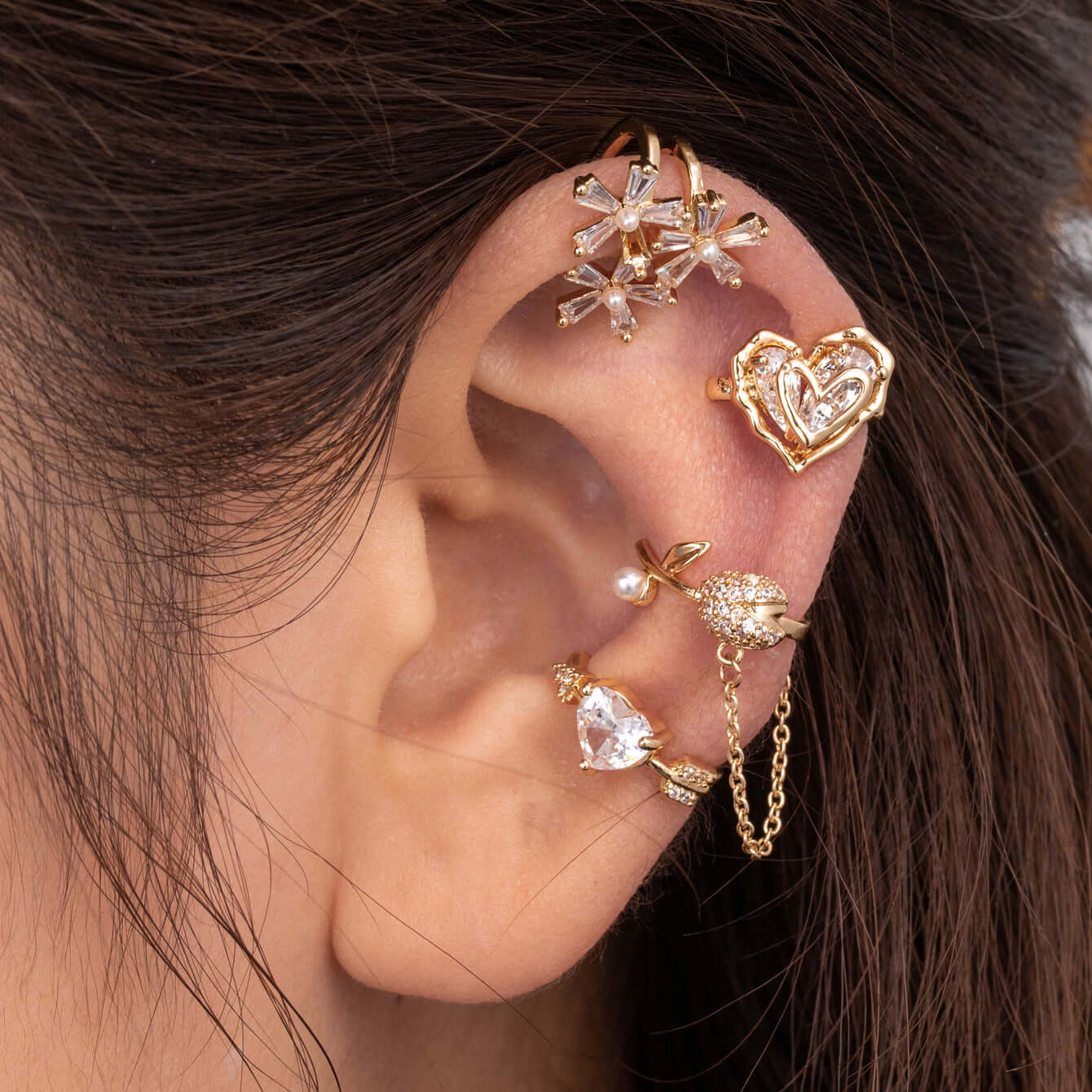 Pearl Bow Heart Dangle Non-Pierced Fake Climber Earrings for Women | HSPJ072 | Elegant Fashion Jewelry for Parties, Weddings & Date Nights