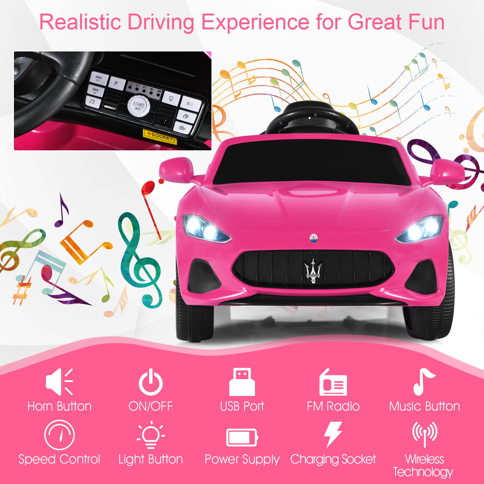 HONEY JOY 12V Kids Ride On Car - Licensed Maserati GranCabrio Pink Electric Toy Car with Remote Control, Spring Suspension, LED Lights & Double Doors - 4 Wheel Battery Powered Vehicle for Boys & Girls - Perfect for Birthday Gifts, Outdoor Play & Indoor Fun (Pink)