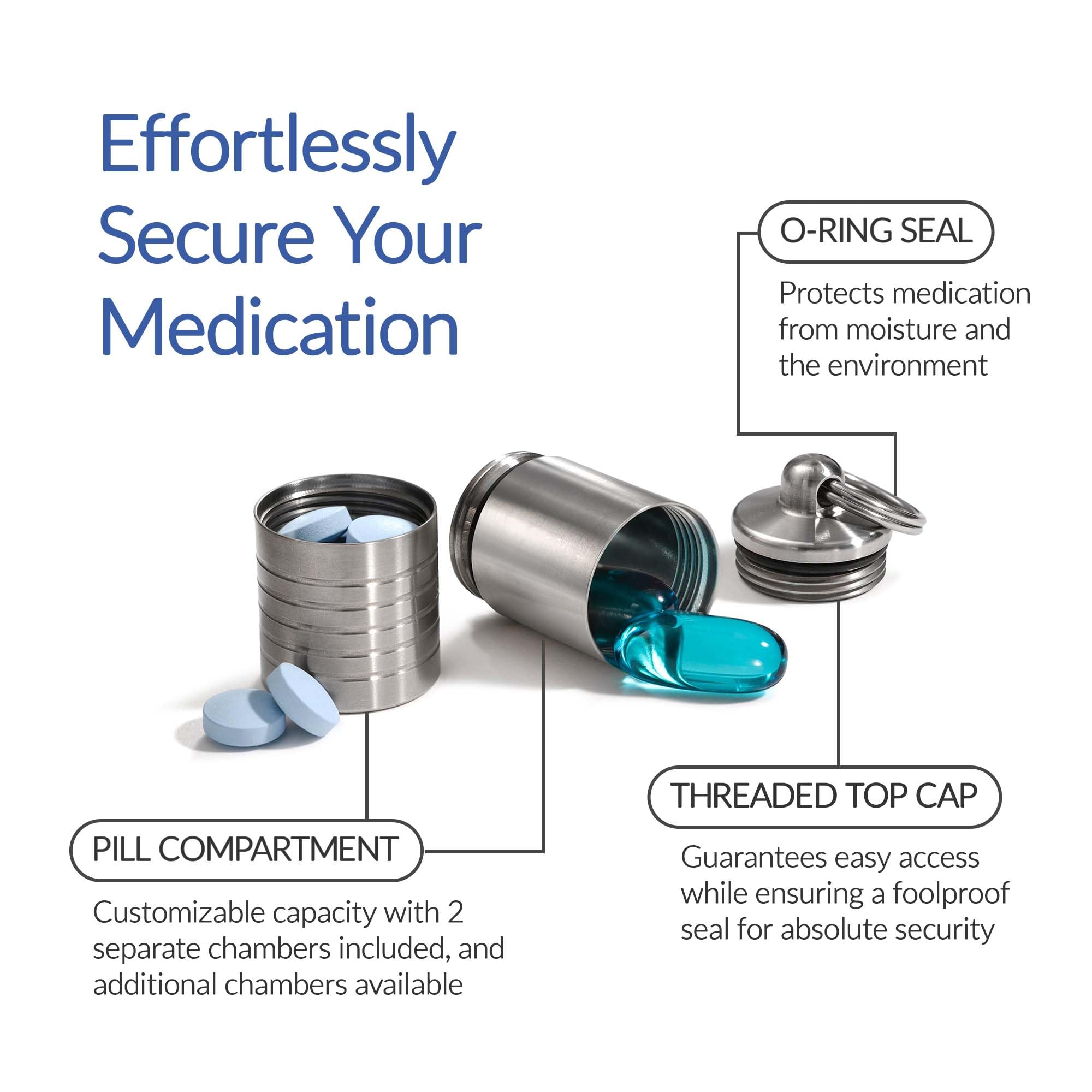 Dual Chamber Keychain Pill Holder - Stainless Steel Waterproof Pill Case - Compact & Customizable - Made in USA - Perfect for Travel, Gym & Daily Medication Storage