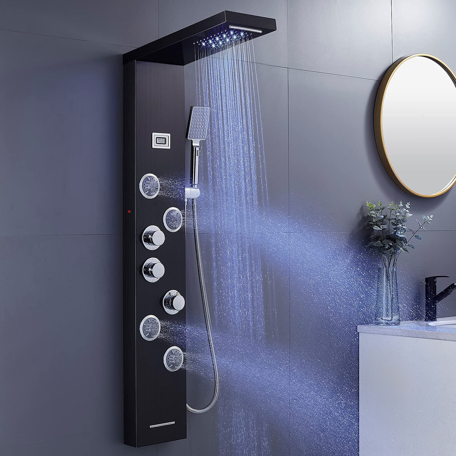 **MENATT LED Shower Panel Tower System – 4 Body Jets, Rainfall & Waterfall Shower Head, Handheld Shower & Tub Faucet – SUS304 Stainless Steel Bathroom Shower Panel (Black) – Perfect for Modern Luxury Bathrooms & Spa-Like Experience**