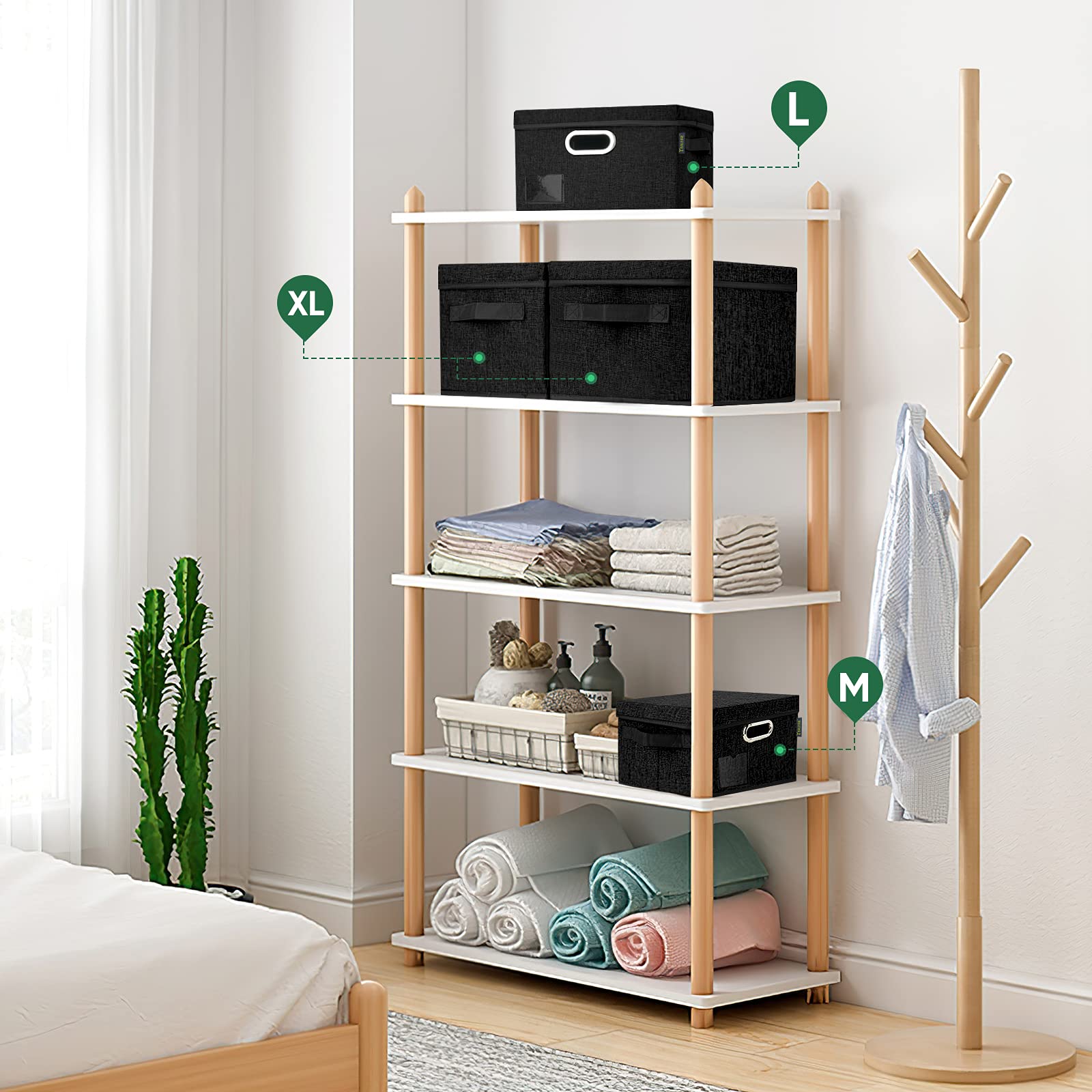BALEINE Foldable Fabric Storage Bins with Lids - 5 Pack Medium Black Collapsible Closet Organizers for Bedroom, Office & Home Organization - Perfect for Clothes, Toys, Blankets & Seasonal Storage