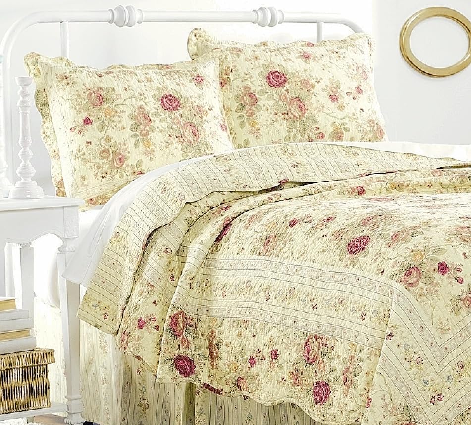 Romantic Roses Queen Size Cotton Quilt Set - 4pc Bedding with Sheet Grippers | Soft Breathable Comforter Cover for Master Bedroom, Guest Room & Dorm Decor