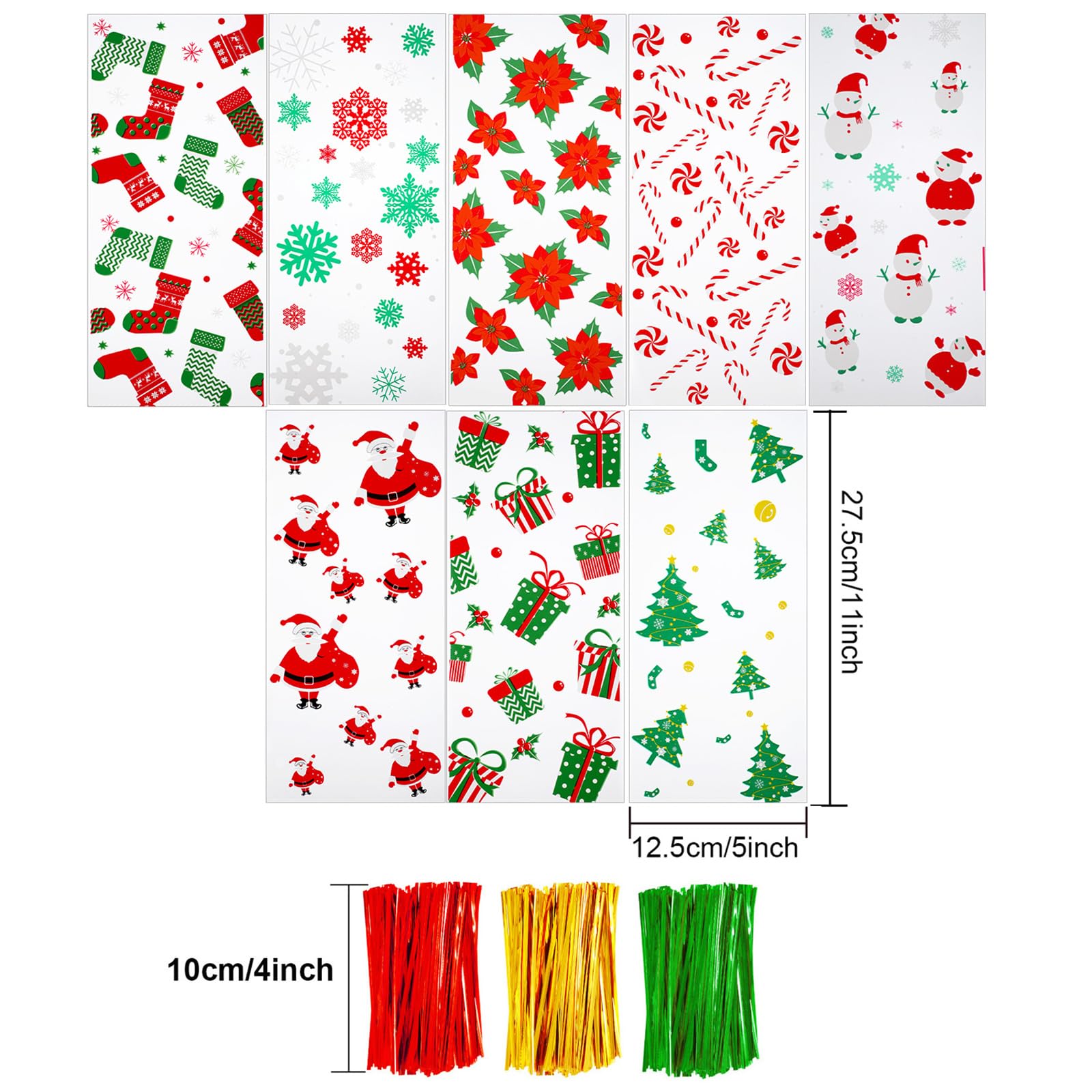 200-Piece Christmas Cellophane Treat Bags with 300 Twist Ties - 8 Festive Styles for Candy, Cookies & Party Favors | Perfect for Holiday Gifting, Classroom Treats & Christmas Party Supplies